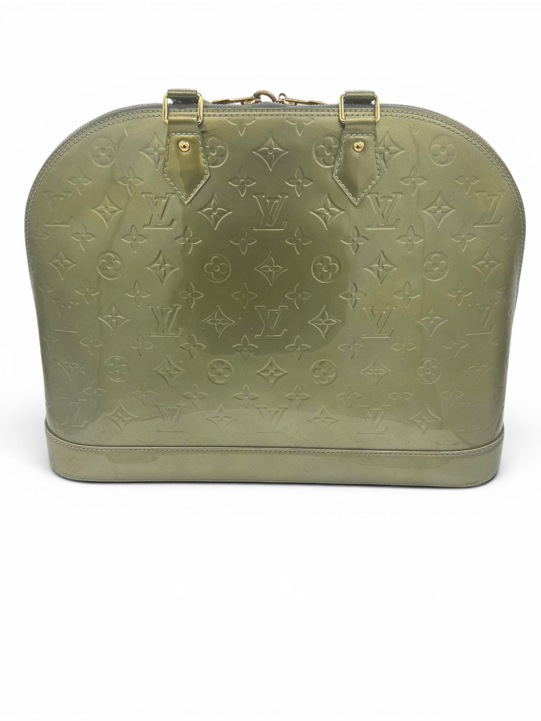 Louis Vuitton Alma PM Handbag Olive Green Monogram Patent Leather With Lock & Keys