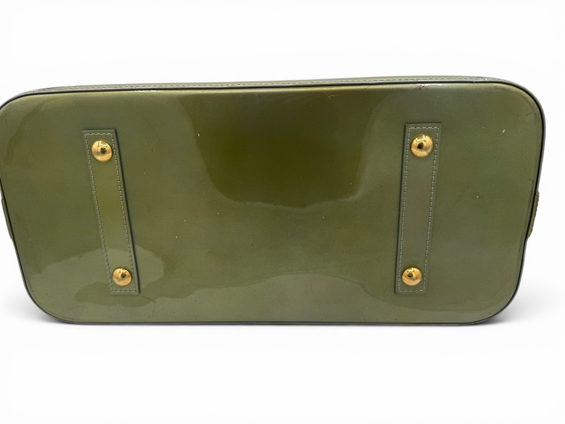 Louis Vuitton Alma PM Handbag Olive Green Monogram Patent Leather With Lock & Keys