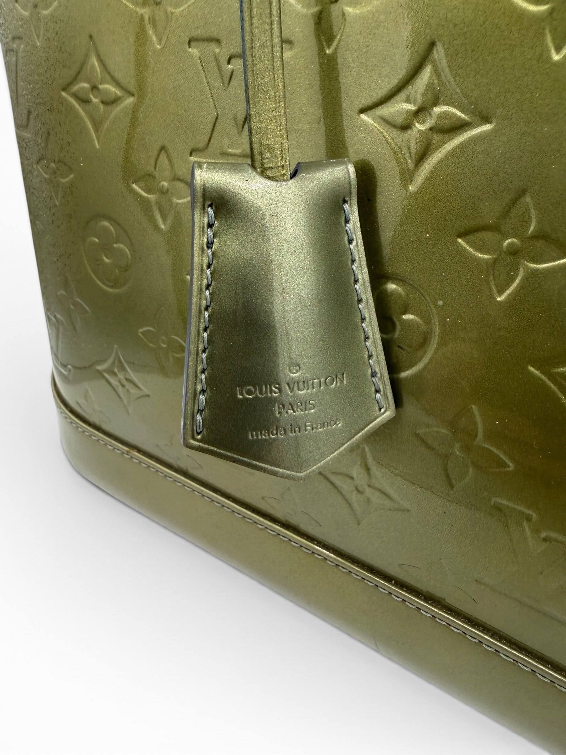Louis Vuitton Alma PM Handbag Olive Green Monogram Patent Leather With Lock & Keys