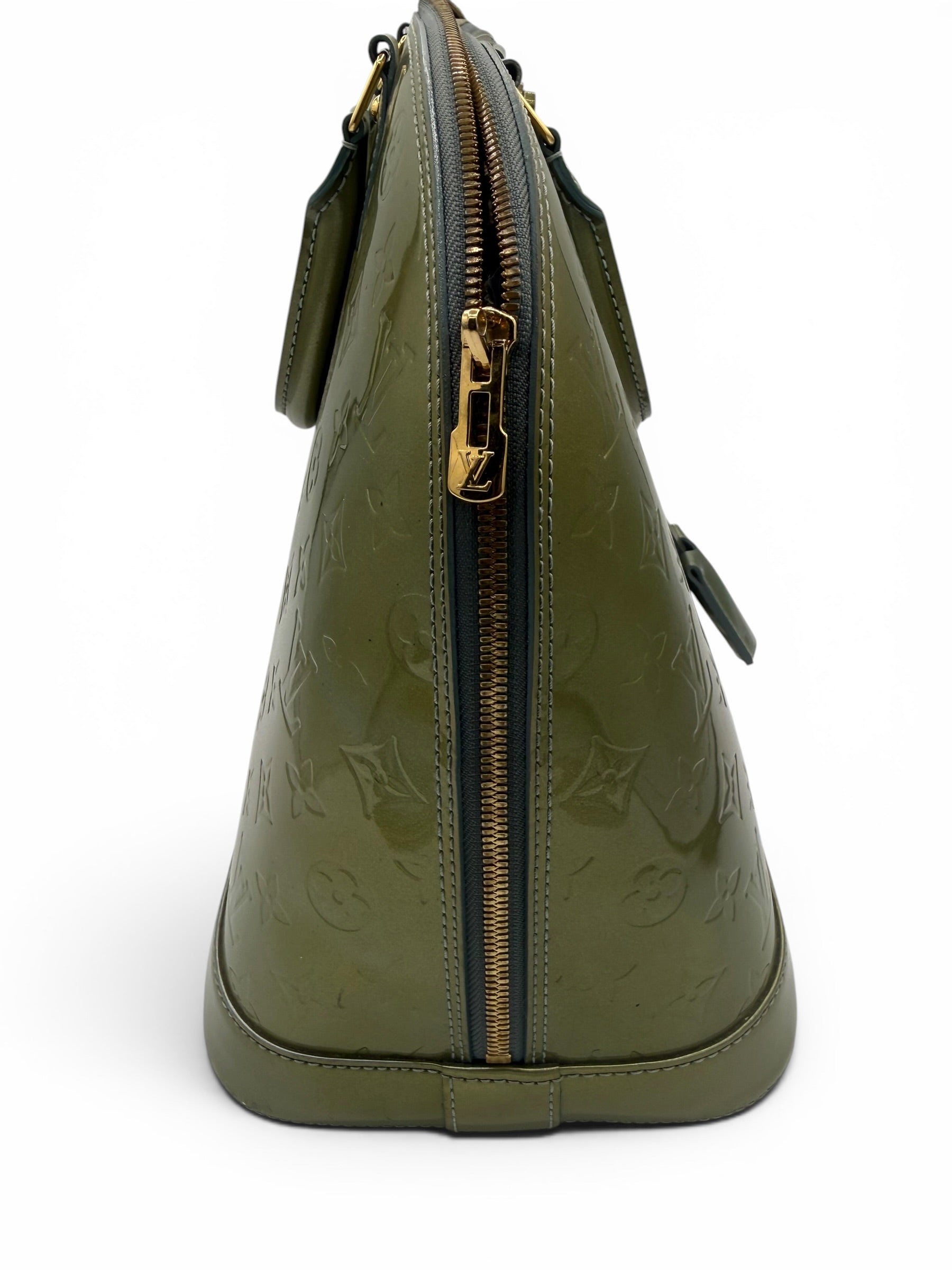 Louis Vuitton Alma PM Handbag Olive Green Monogram Patent Leather With Lock & Keys
