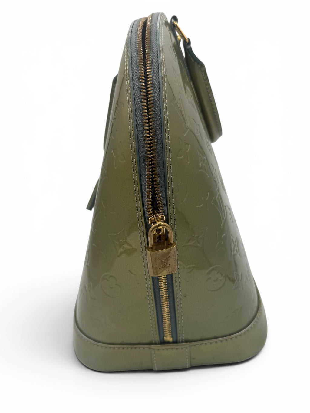 Louis Vuitton Alma PM Handbag Olive Green Monogram Patent Leather With Lock & Keys