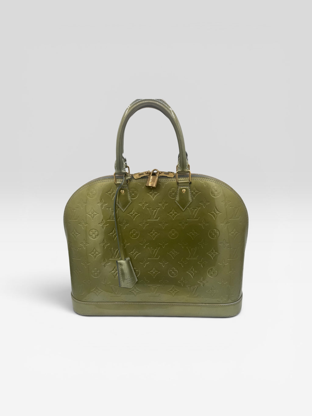 Louis Vuitton Alma PM Handbag Olive Green Monogram Patent Leather With Lock & Keys