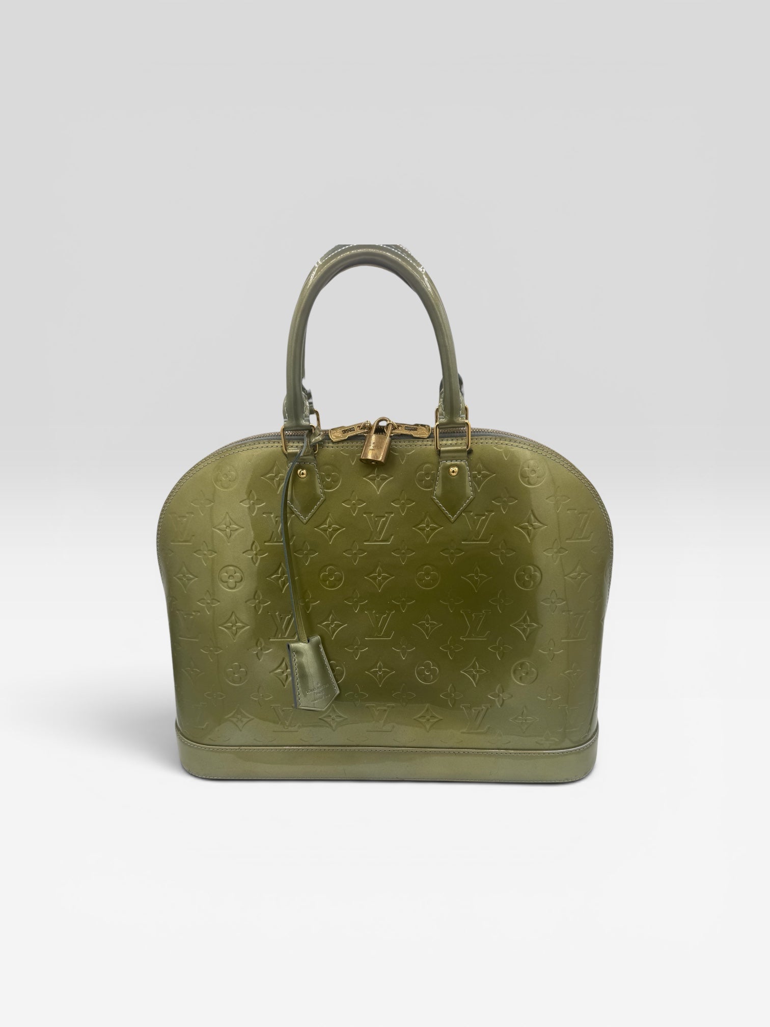 Louis Vuitton Alma PM Handbag Olive Green Monogram Patent Leather With Lock & Keys