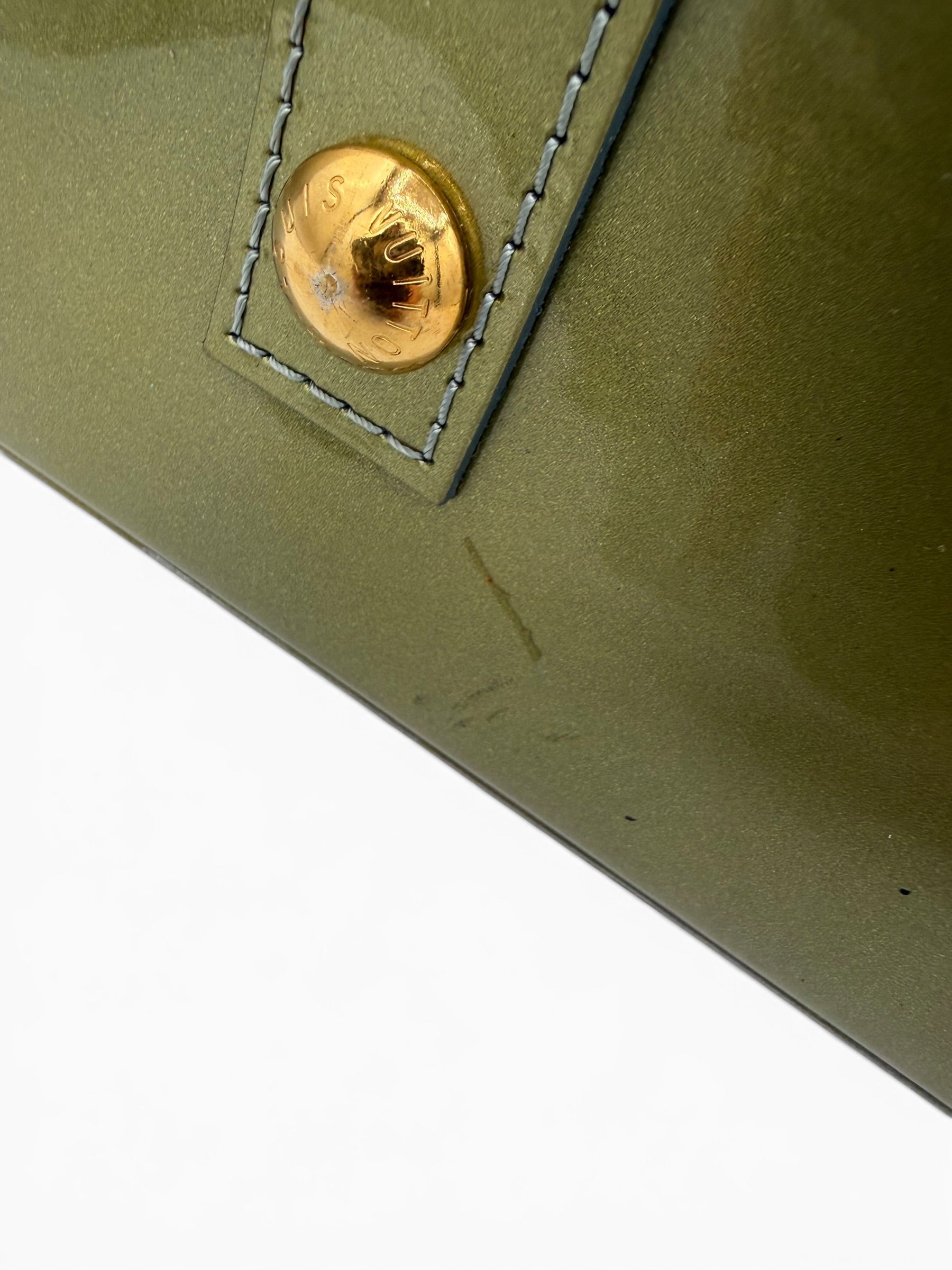 Louis Vuitton Alma PM Handbag Olive Green Monogram Patent Leather With Lock & Keys