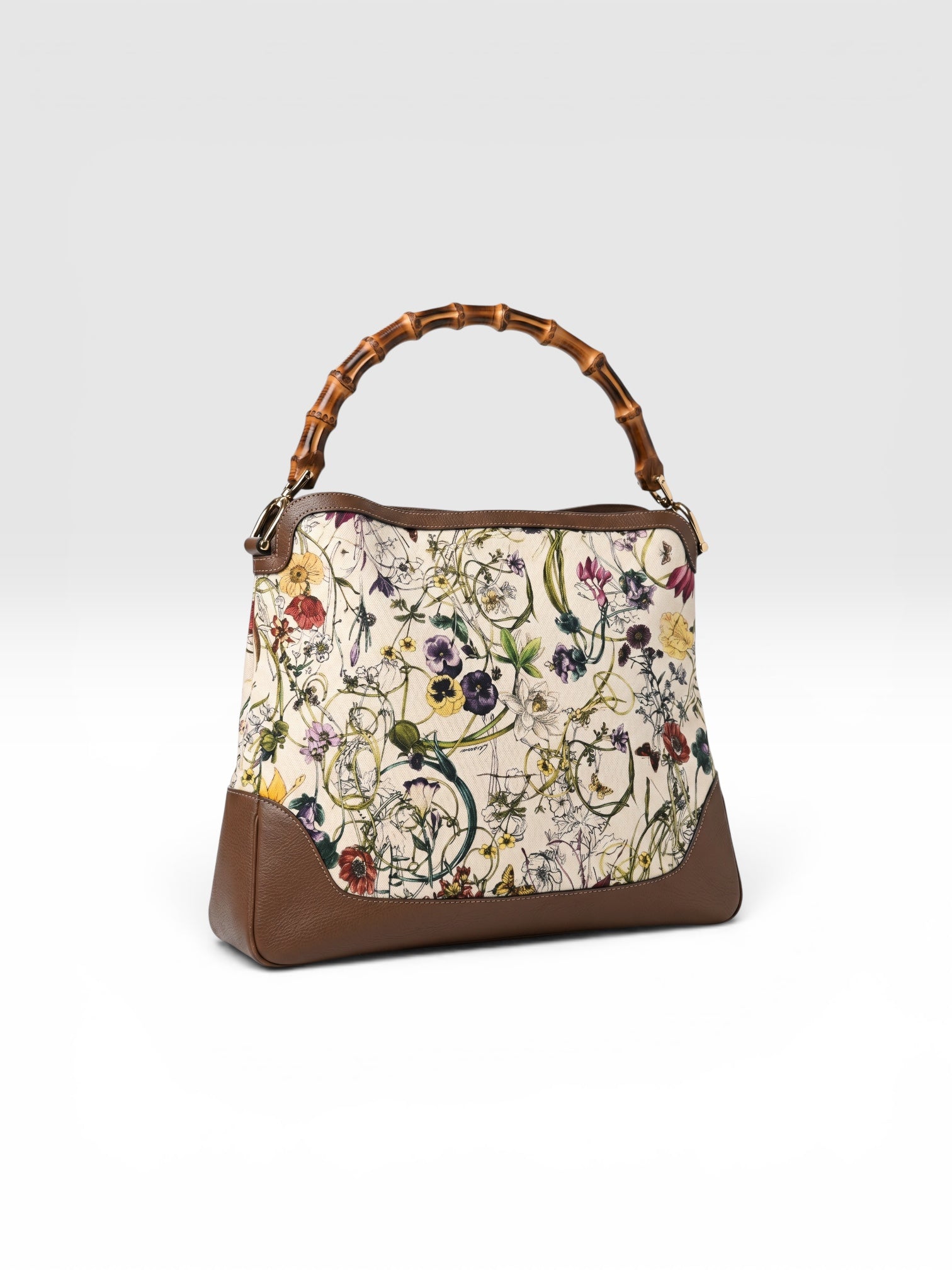 Gucci Bamboo Diana Floral Canvas Tote Bag With Shoulder Strap