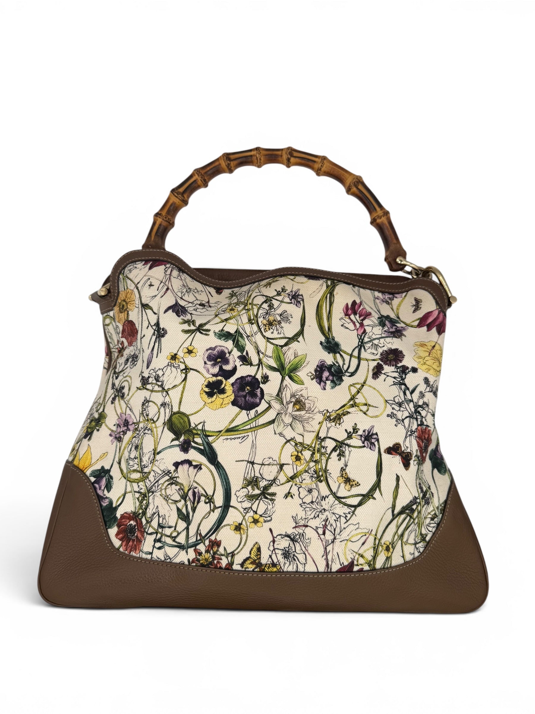 Gucci Bamboo Diana Floral Canvas Tote Bag With Shoulder Strap