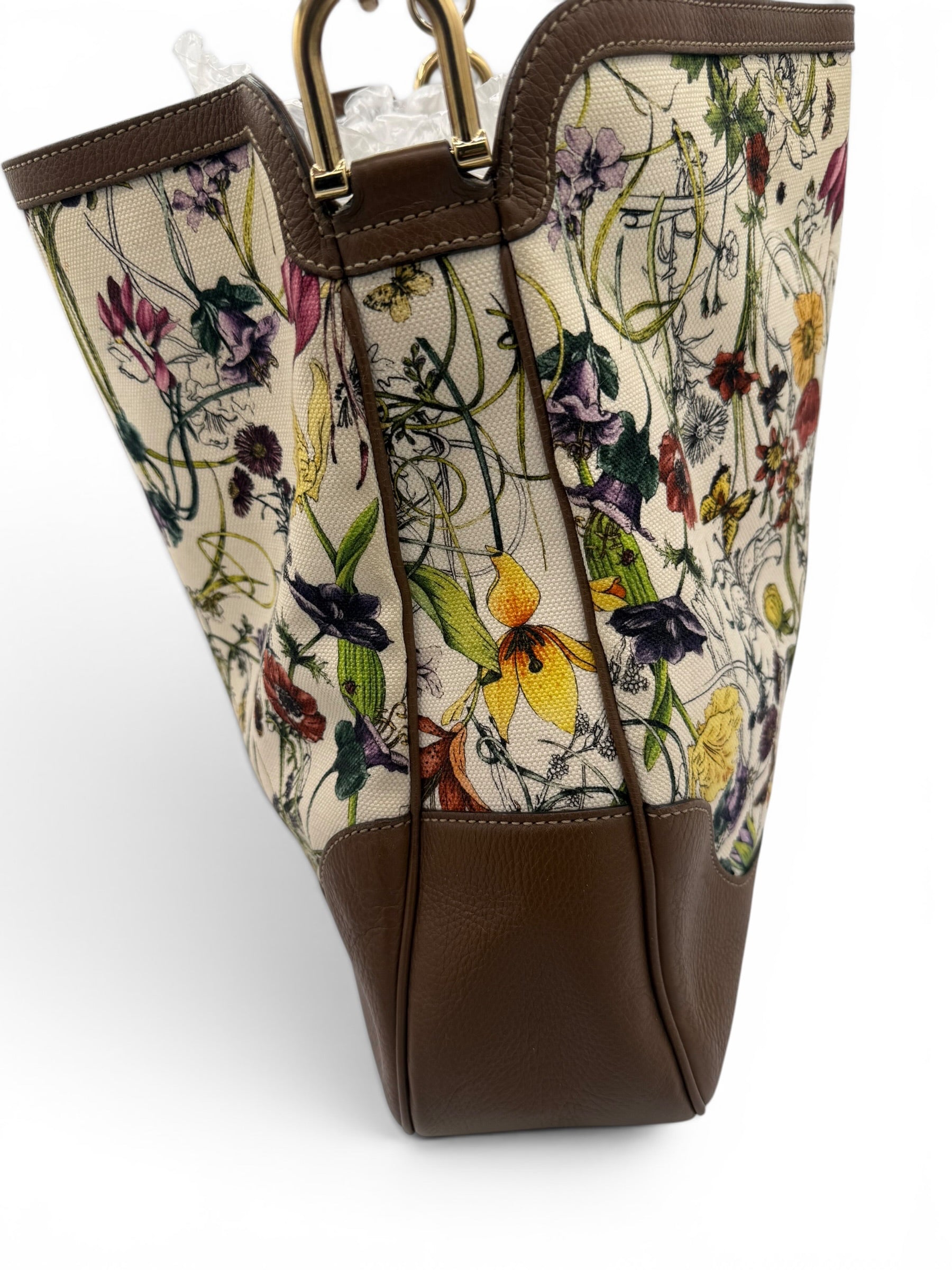 Gucci Bamboo Diana Floral Canvas Tote Bag With Shoulder Strap