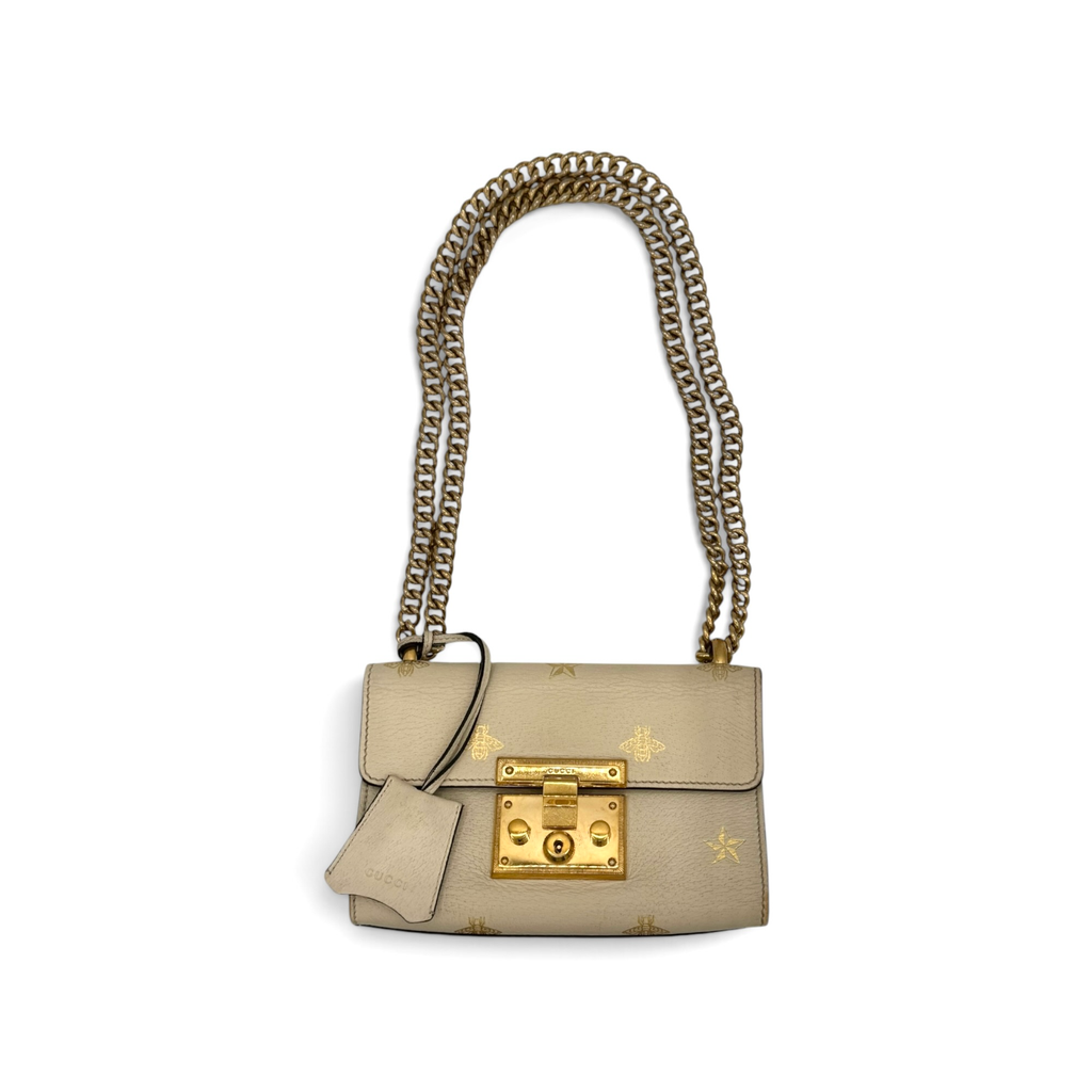 Gucci Bee Star Padlock Leather Chain Shoulder Bag Ivory Gold