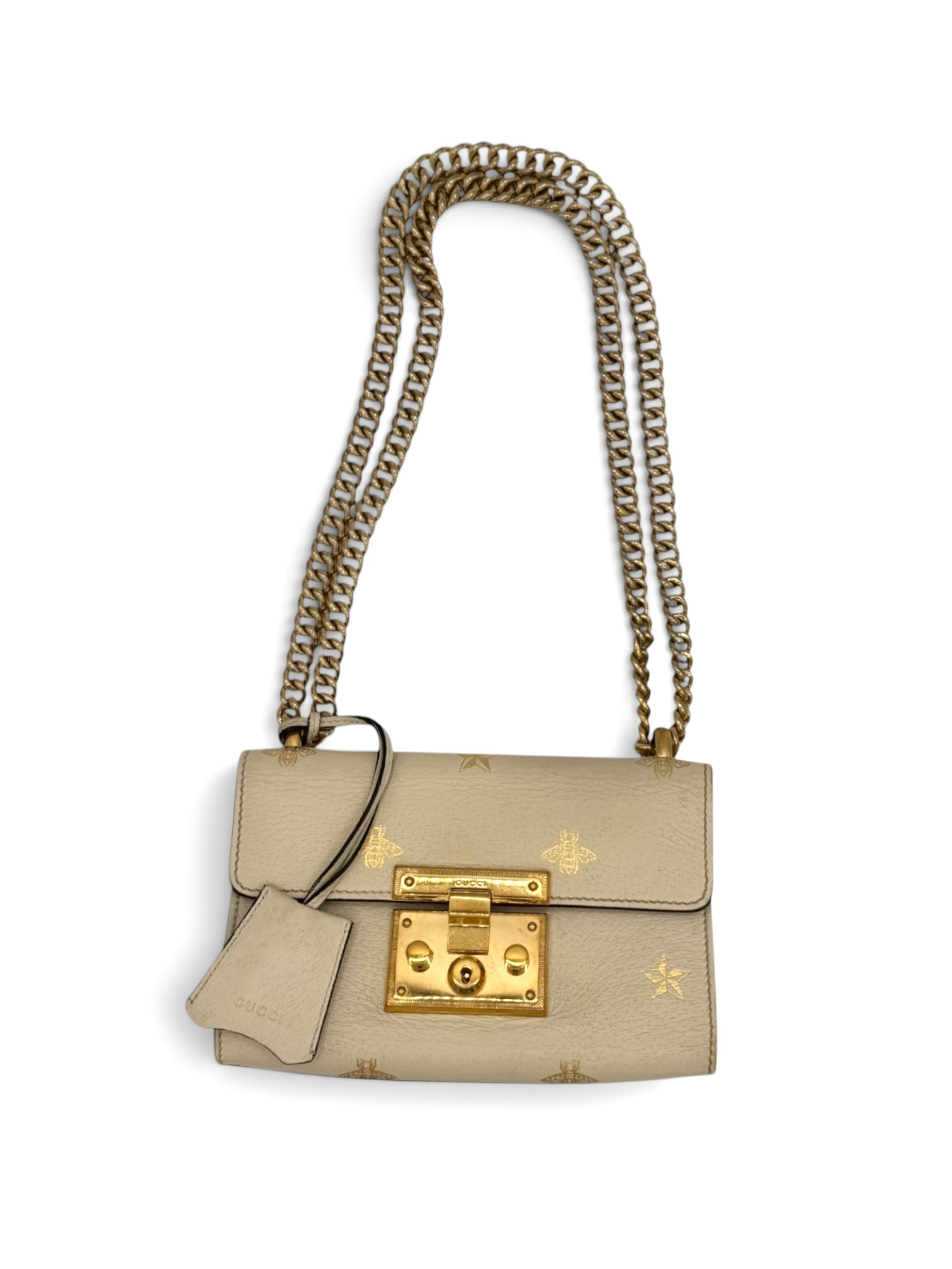 Gucci Bee Star Padlock Leather Chain Shoulder Bag Ivory Gold