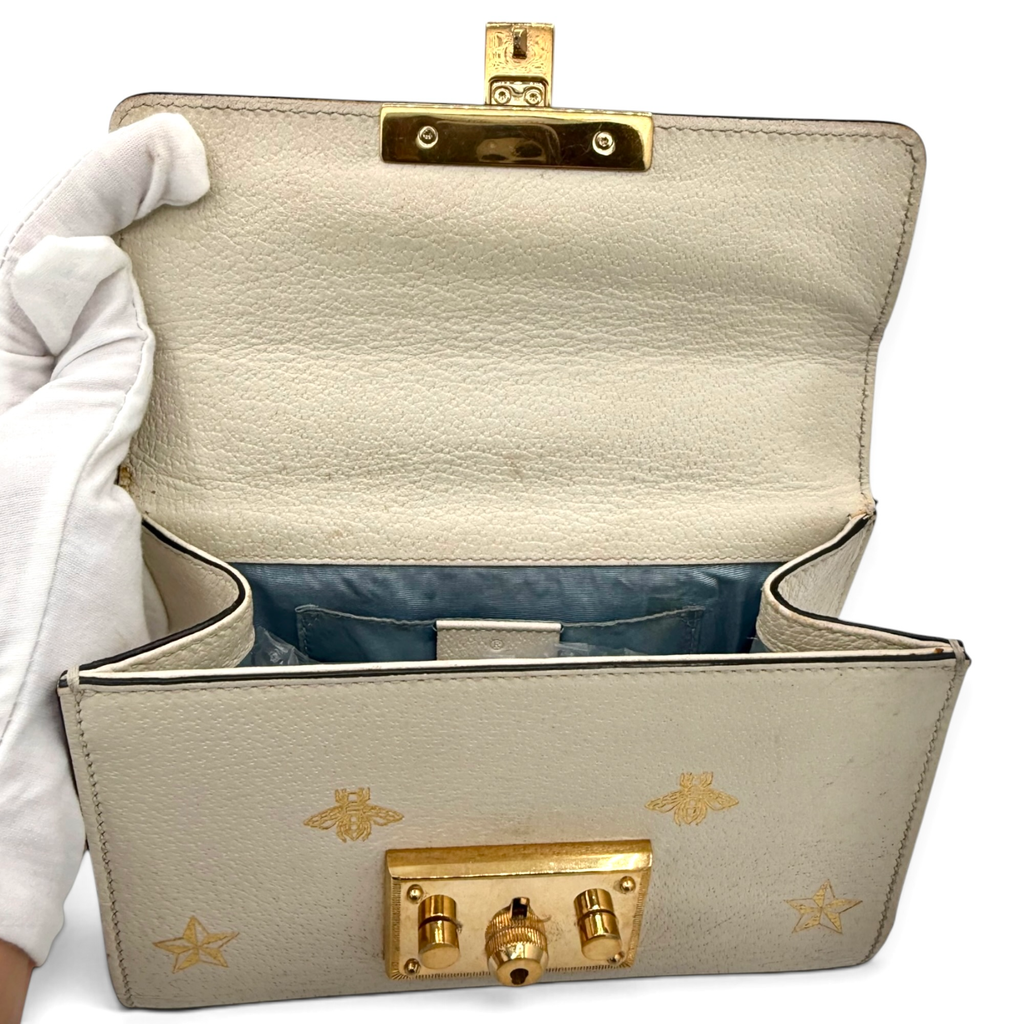 Gucci Bee Star Padlock Leather Chain Shoulder Bag Ivory Gold