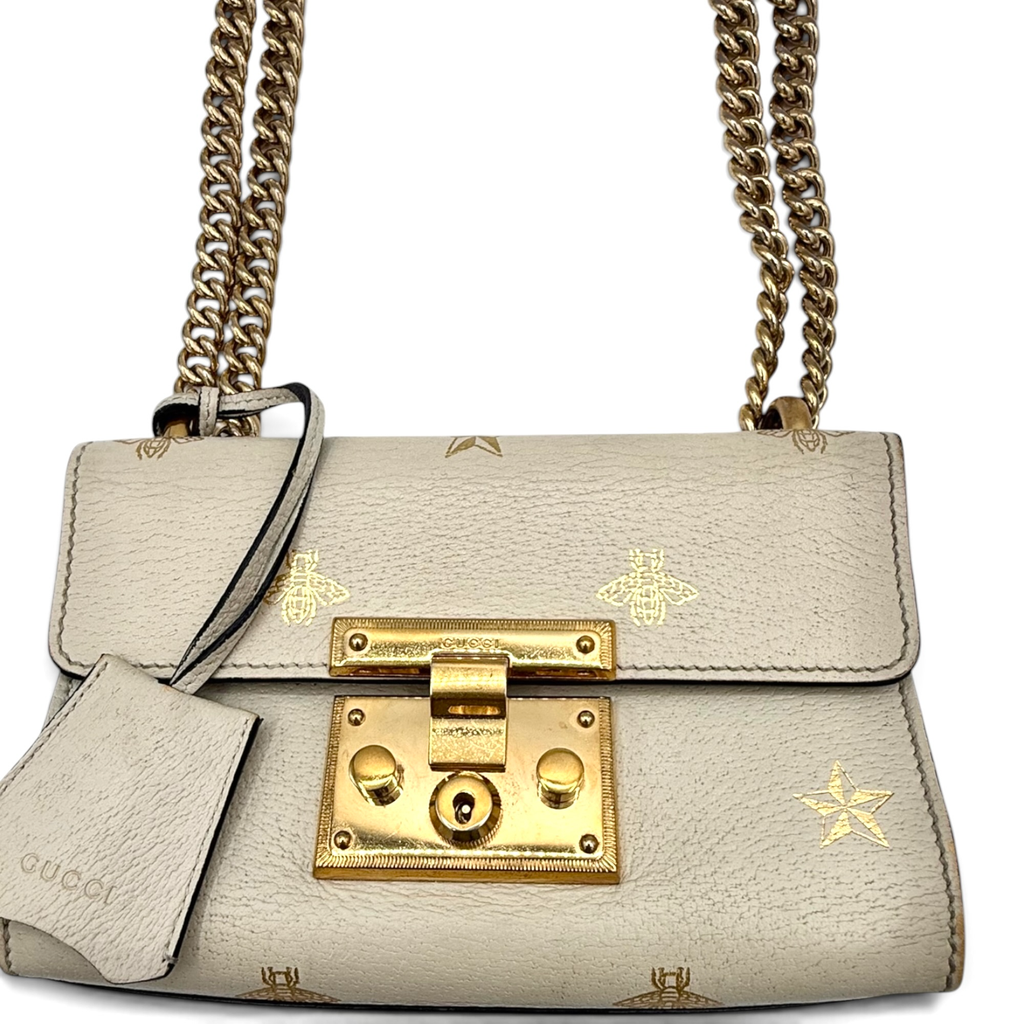 Gucci Bee Star Padlock Leather Chain Shoulder Bag Ivory Gold
