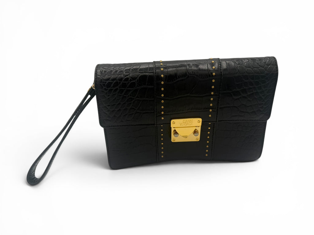 Vintage Gianni Versace Black Croc Embossed Leather Wristlet Clutch