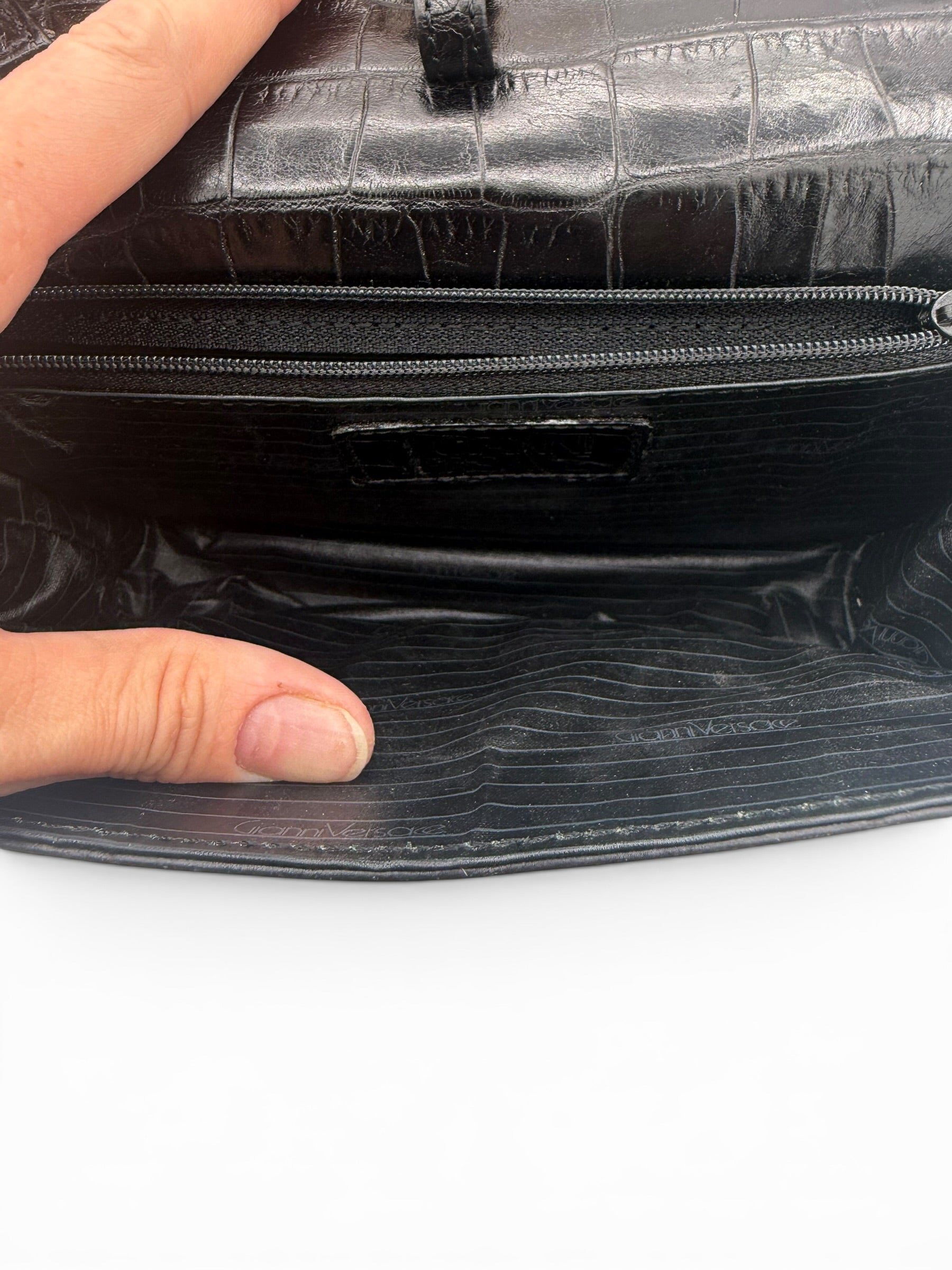 Vintage Gianni Versace Black Croc Embossed Leather Wristlet Clutch