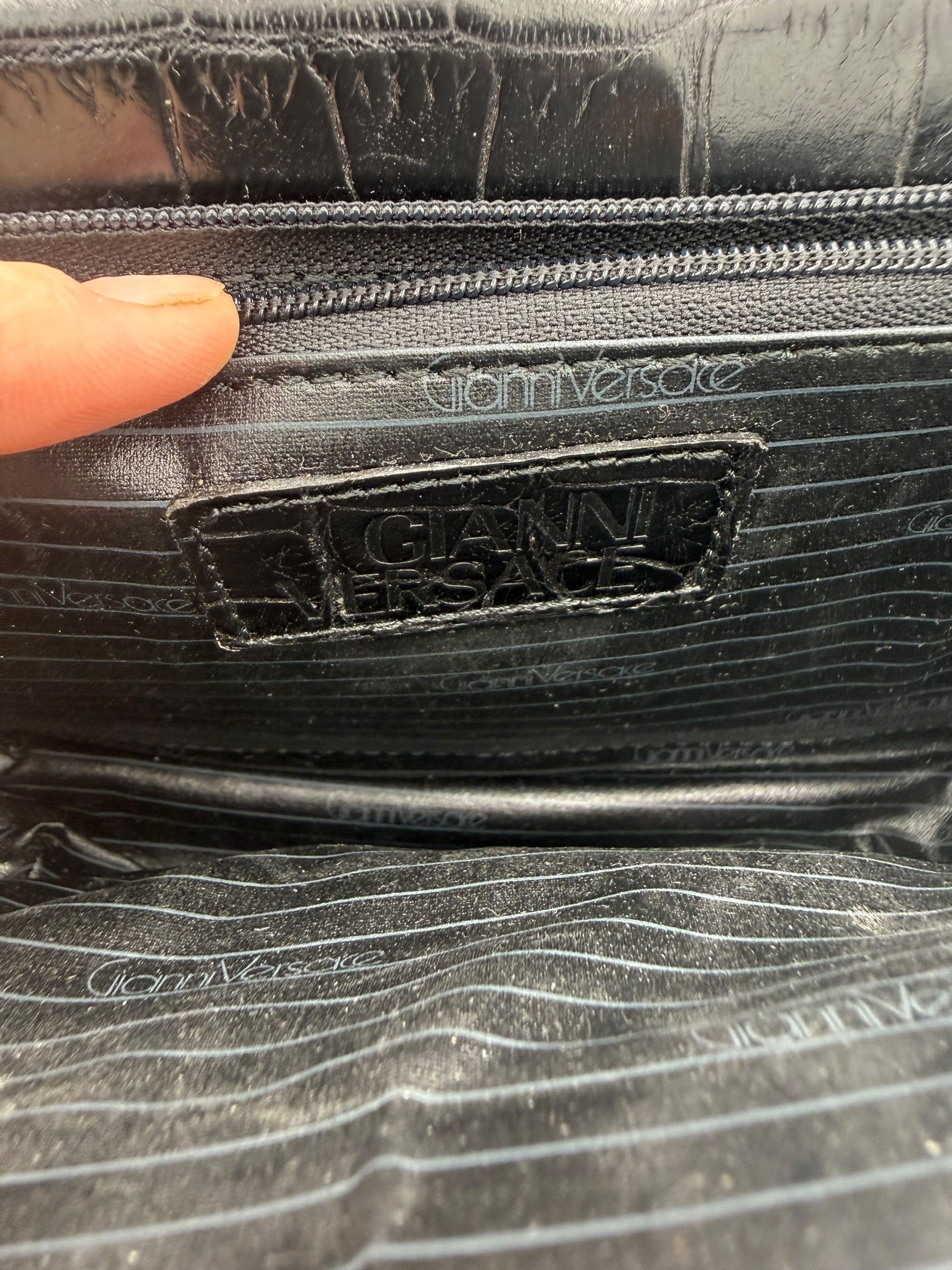 Vintage Gianni Versace Black Croc Embossed Leather Wristlet Clutch
