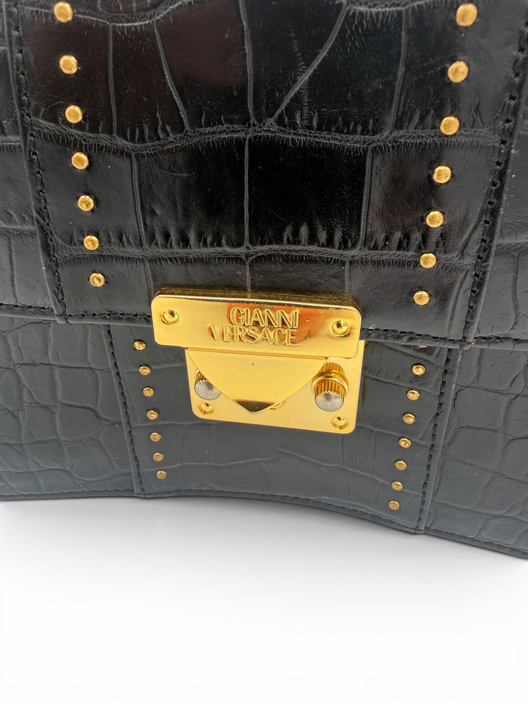 Vintage Gianni Versace Black Croc Embossed Leather Wristlet Clutch