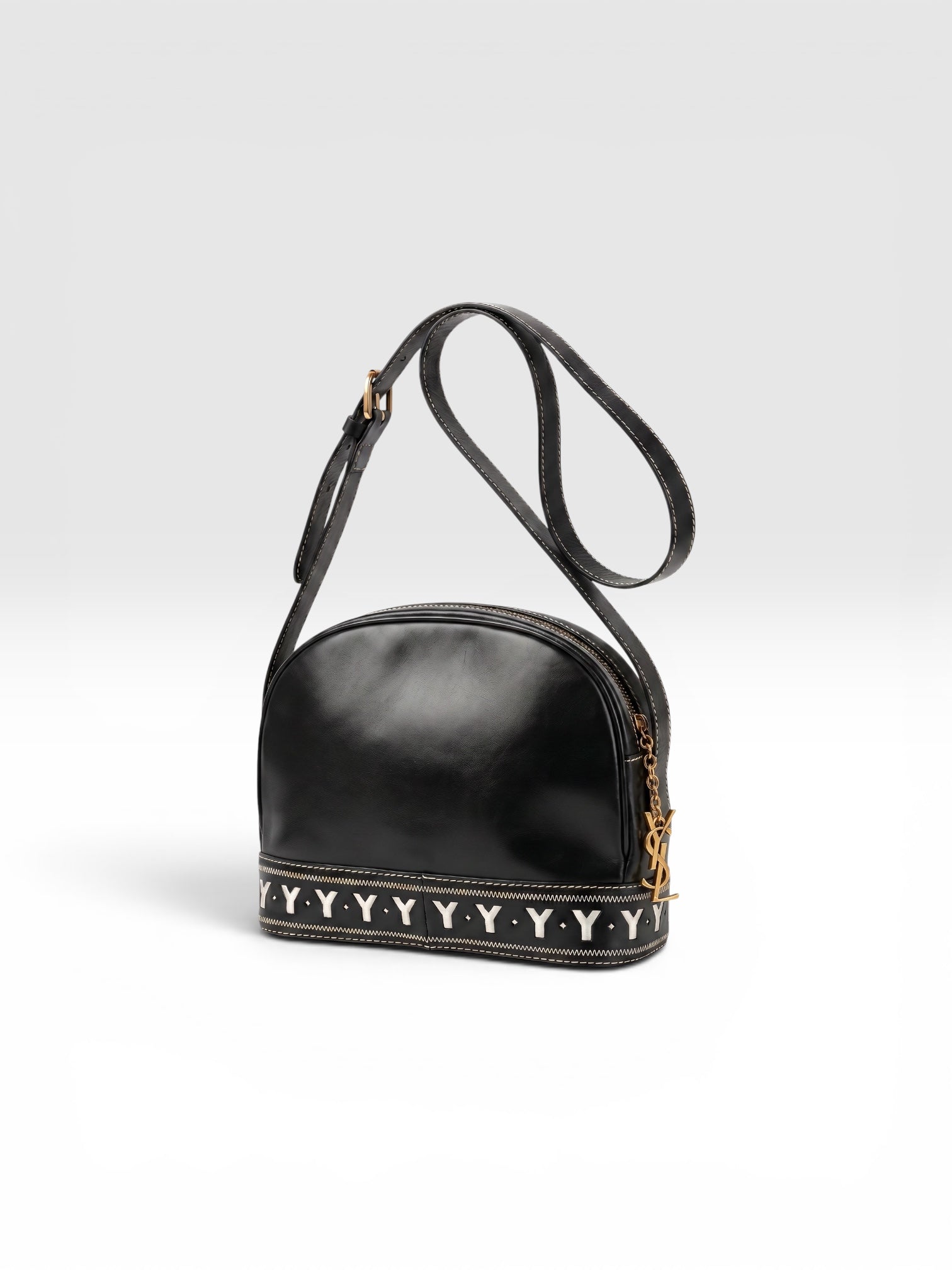 YSL Navy Leather Shoulder Bag Vintage Y Cutout Navy/Black