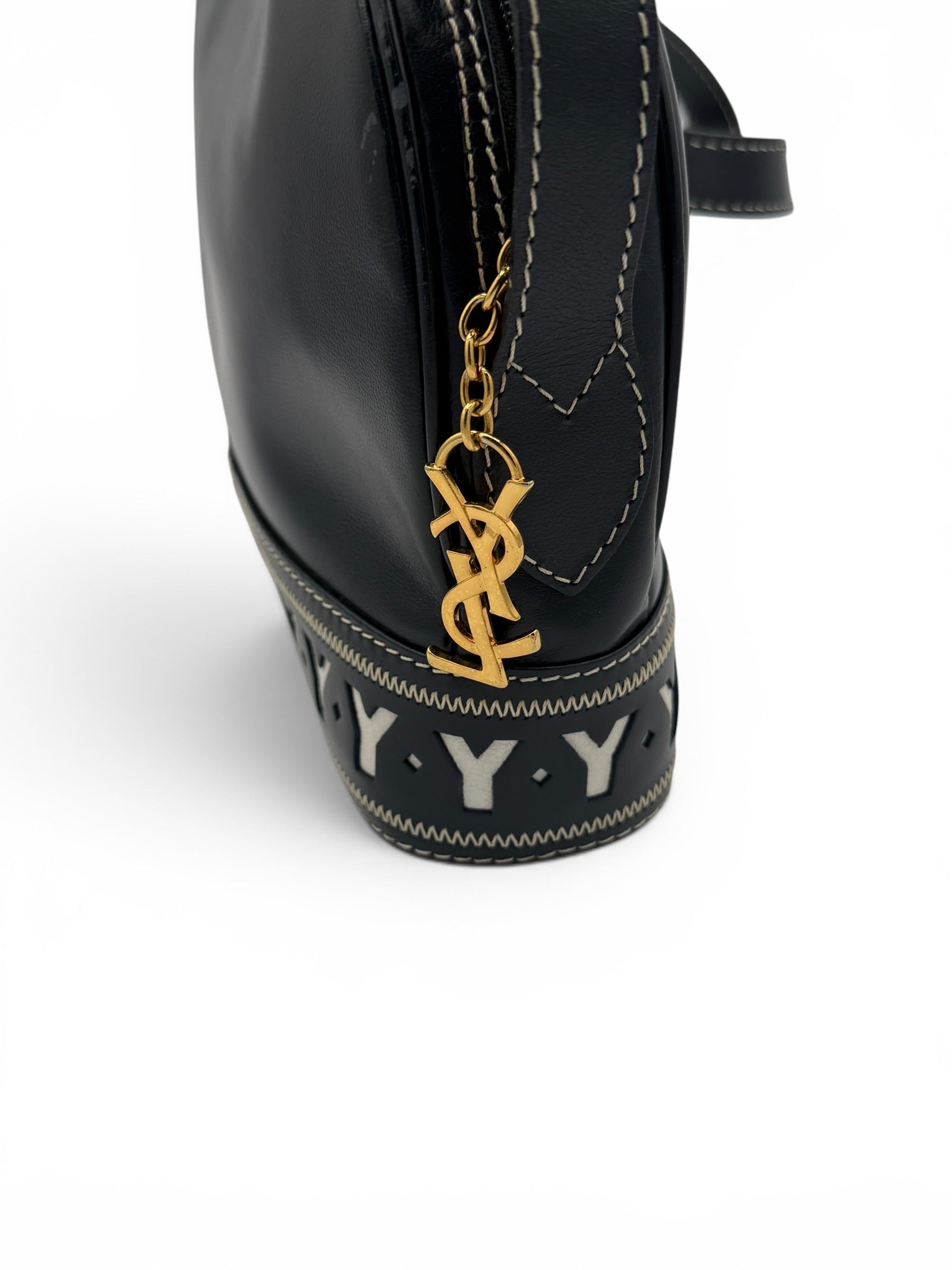 YSL Navy Leather Shoulder Bag Vintage Y Cutout Navy/Black