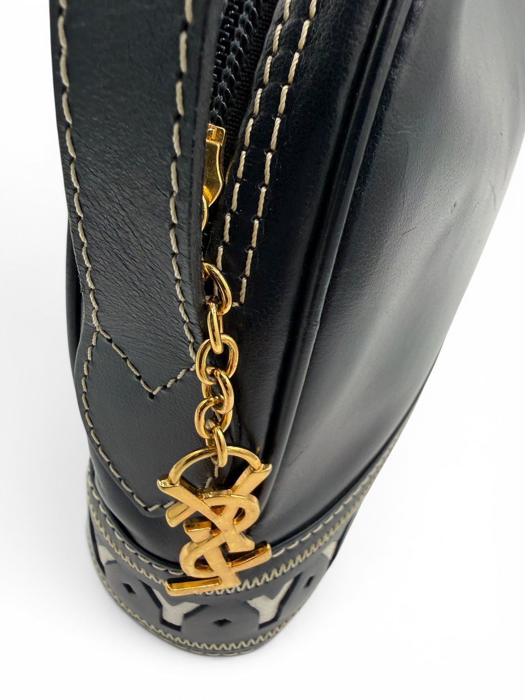 YSL Navy Leather Shoulder Bag Vintage Y Cutout Navy/Black