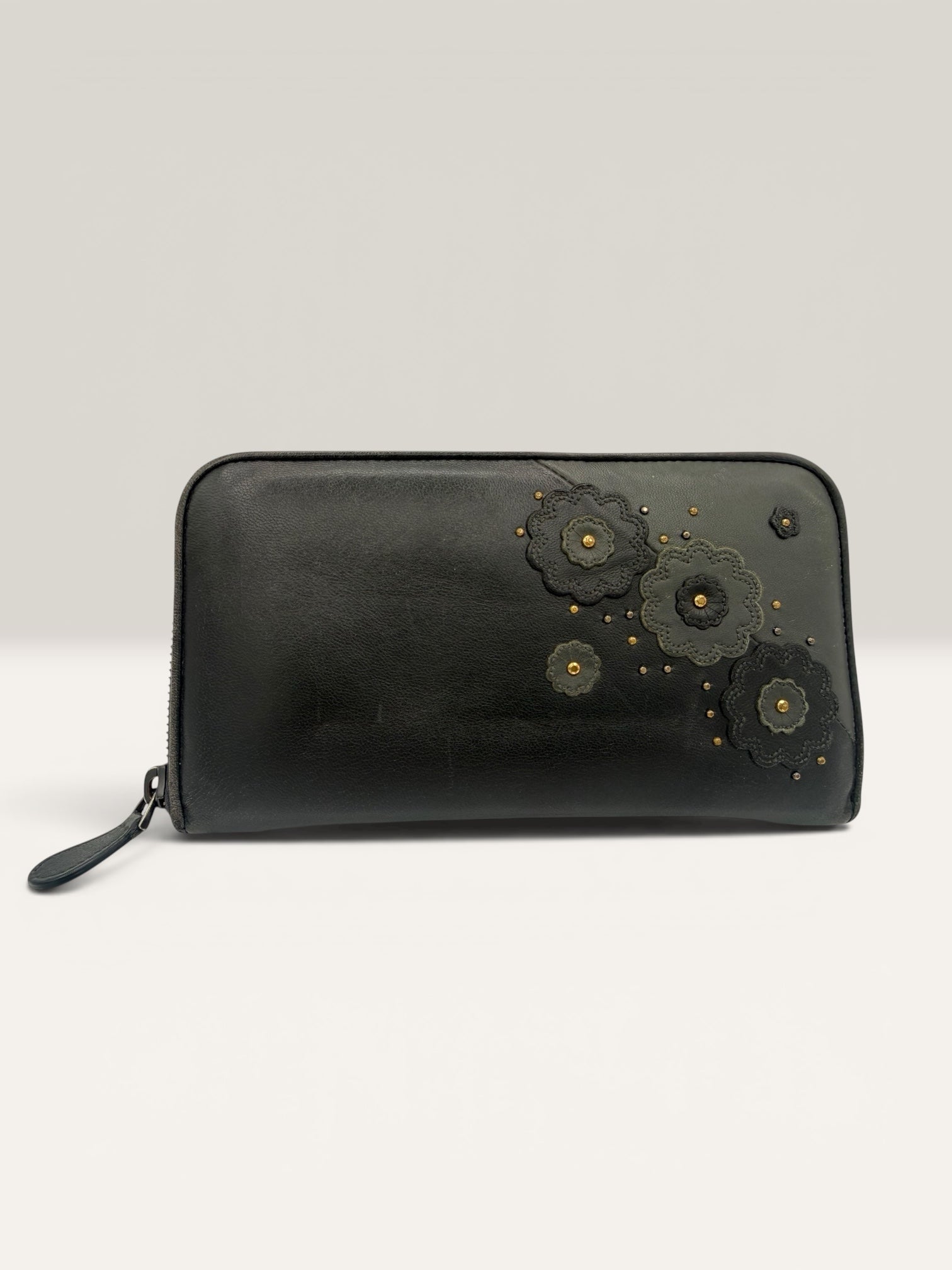 Bottega Veneta Black Leather Floral Appliqué Zip Wallet
