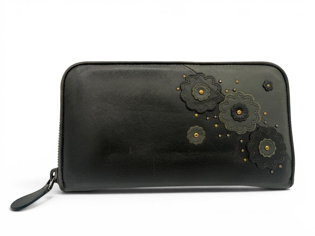 Bottega Veneta Black Leather Floral Appliqué Zip Wallet
