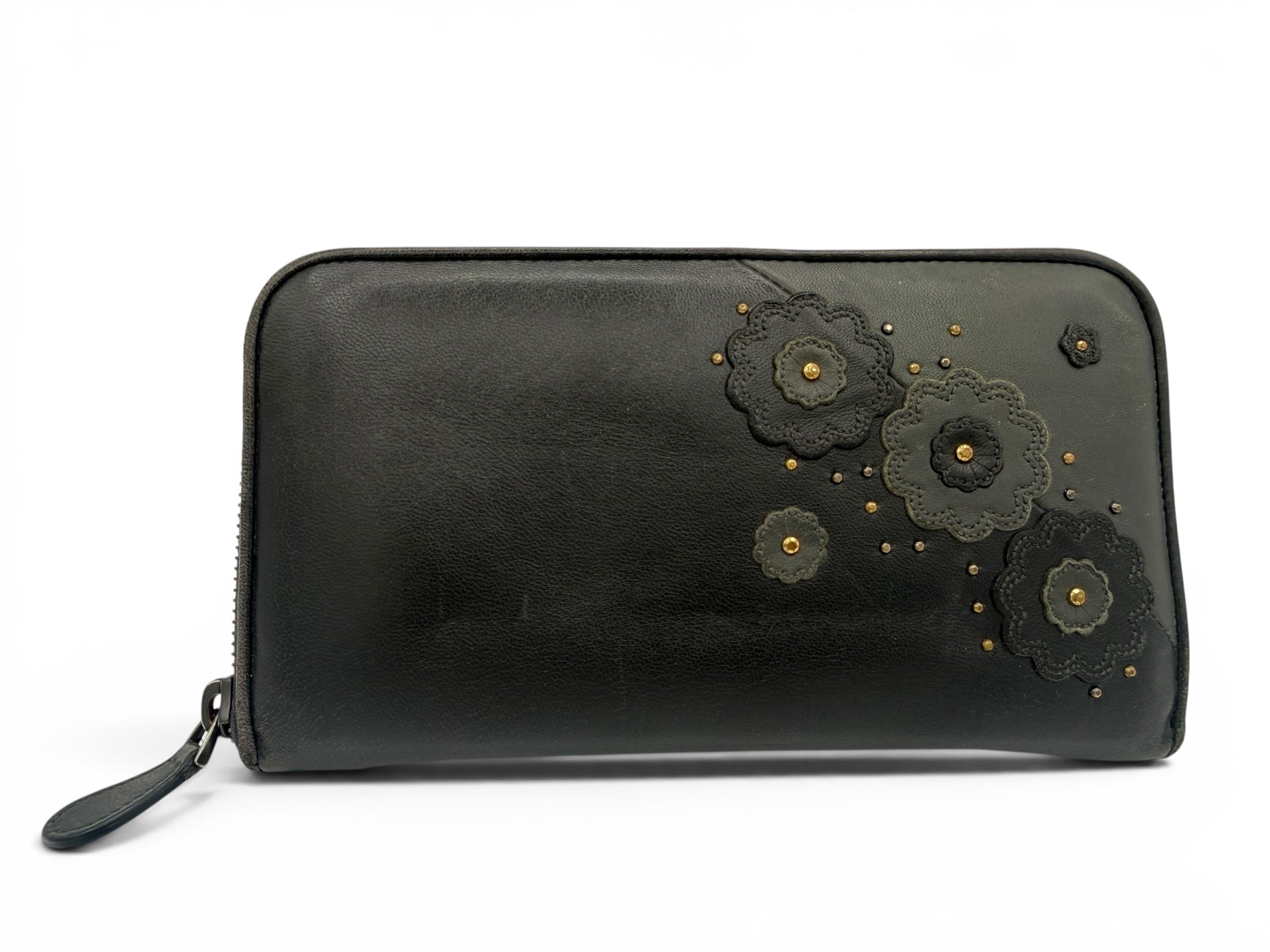 Bottega Veneta Black Leather Floral Appliqué Zip Wallet