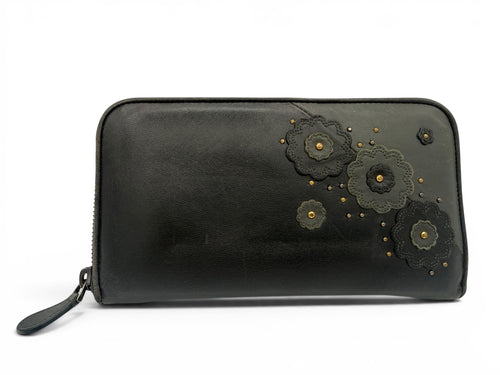 Bottega Veneta Black Leather Floral Appliqué Zip Wallet