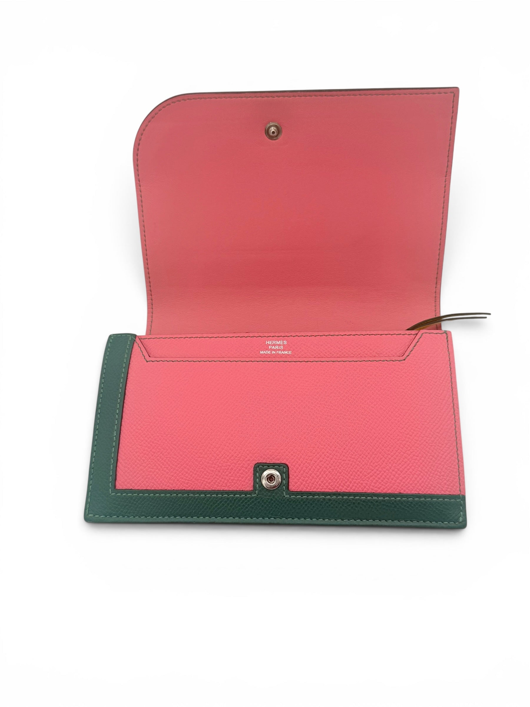 Hermès Camail Epsom Leather Bi-fold Long Wallet Pink & Green Color-block