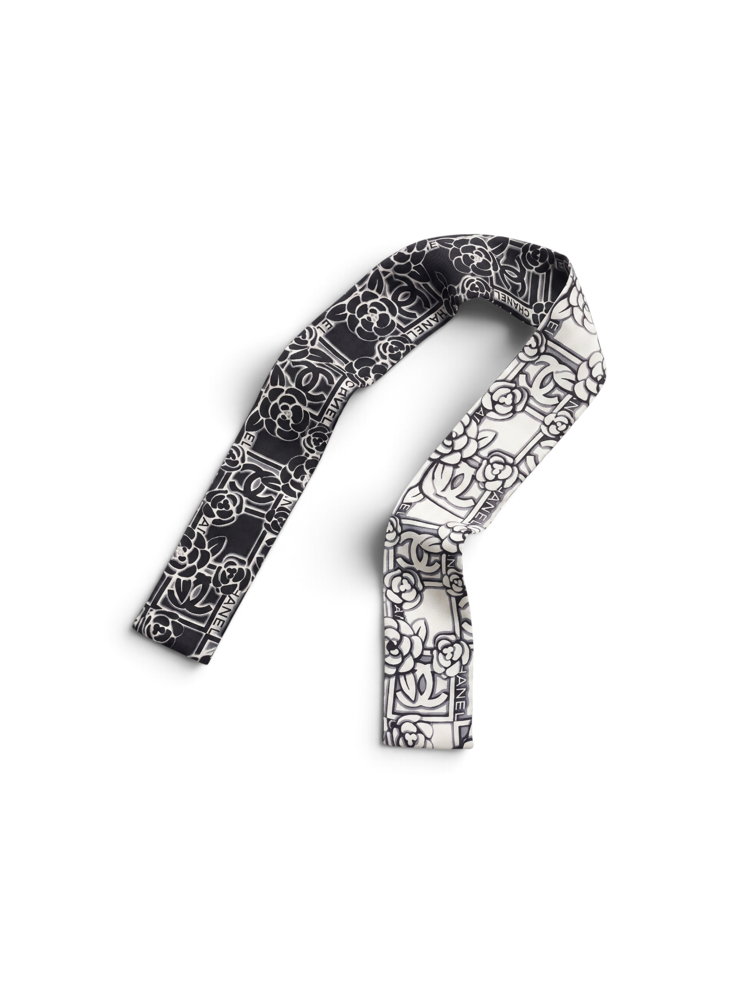 Chanel Black & White Camellia CC Silk Slim Bandeau Scarf