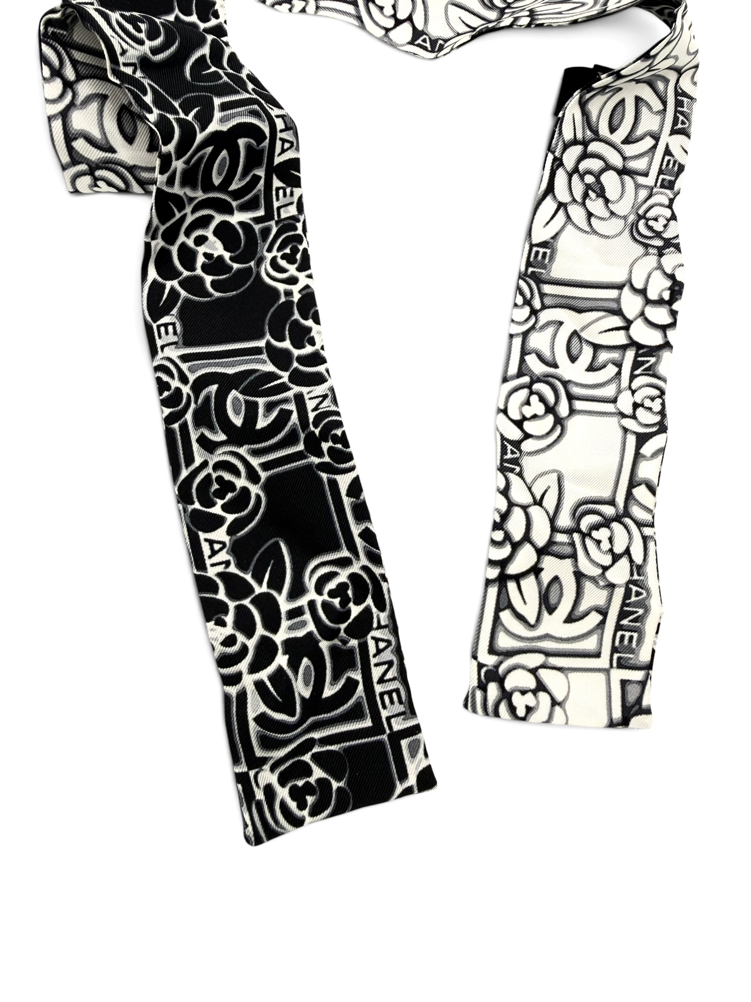 Chanel Black & White Camellia CC Silk Slim Bandeau Scarf