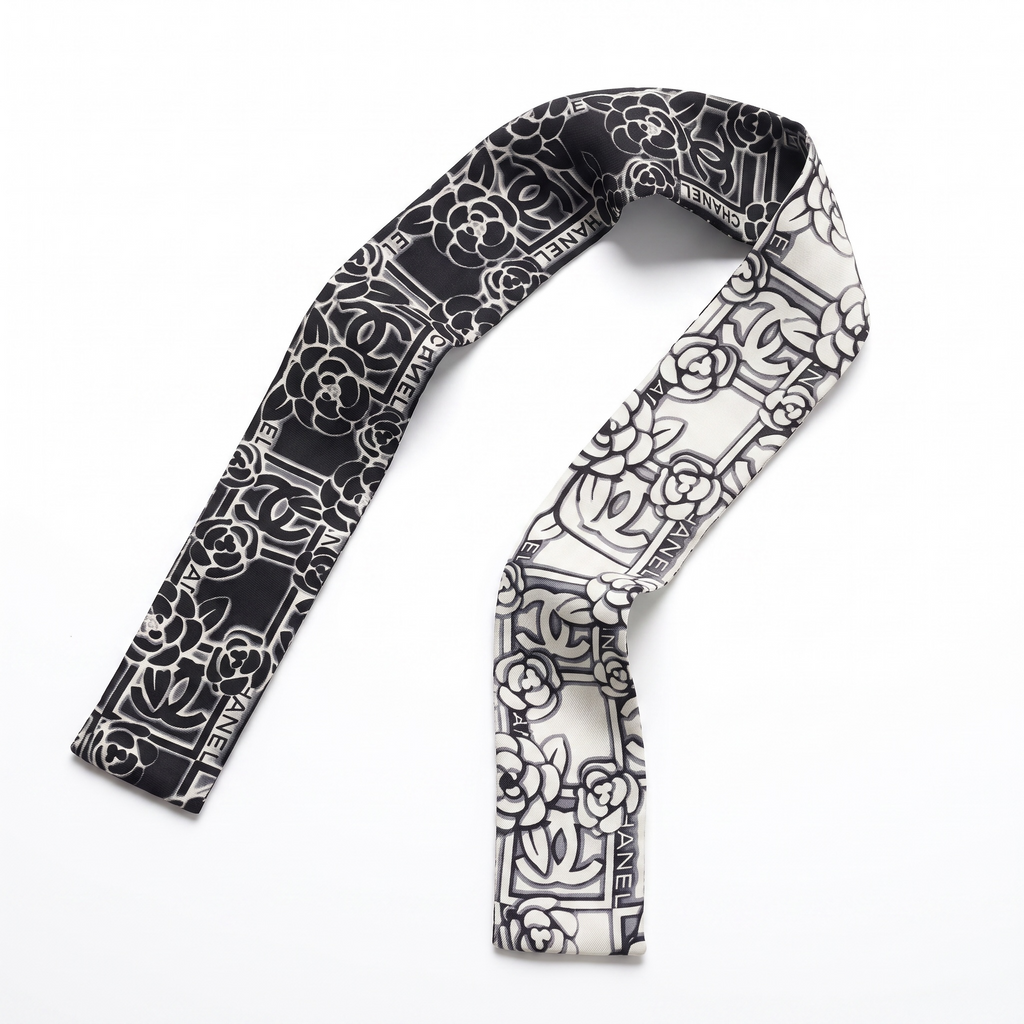 Chanel Black & White Camellia CC Silk Slim Bandeau Scarf