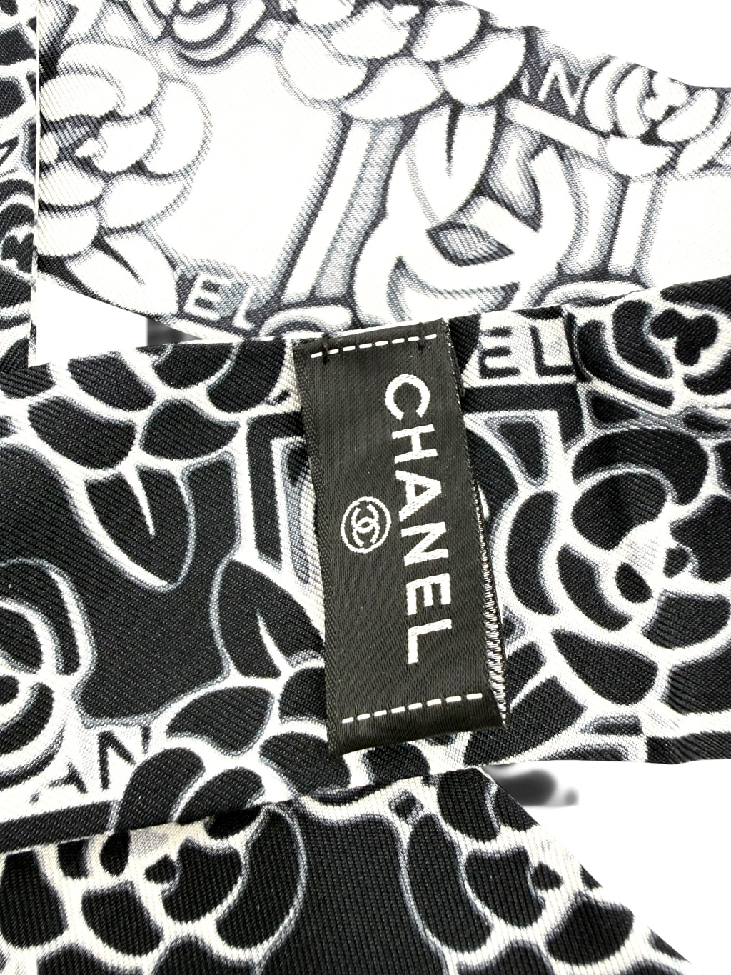 Chanel Black & White Camellia CC Silk Slim Bandeau Scarf