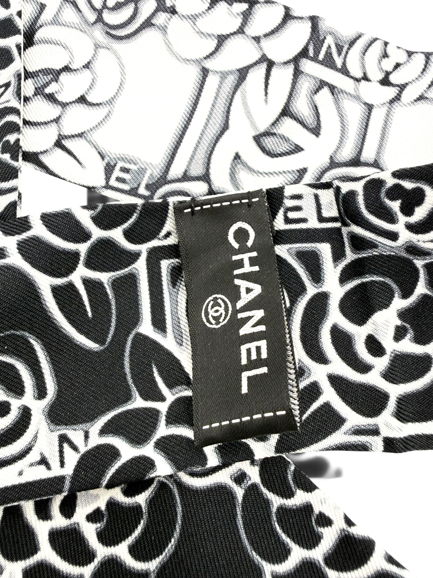 Chanel Black & White Camellia CC Silk Slim Bandeau Scarf