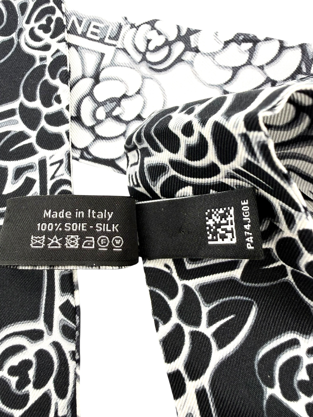 Chanel Black & White Camellia CC Silk Slim Bandeau Scarf