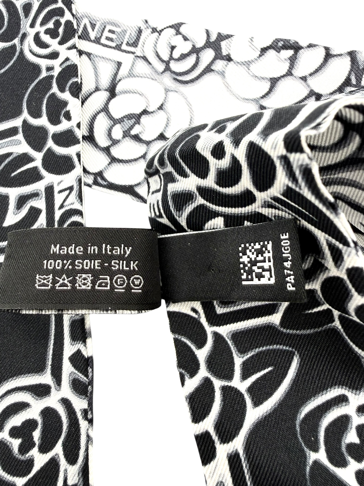 Chanel Black & White Camellia CC Silk Slim Bandeau Scarf