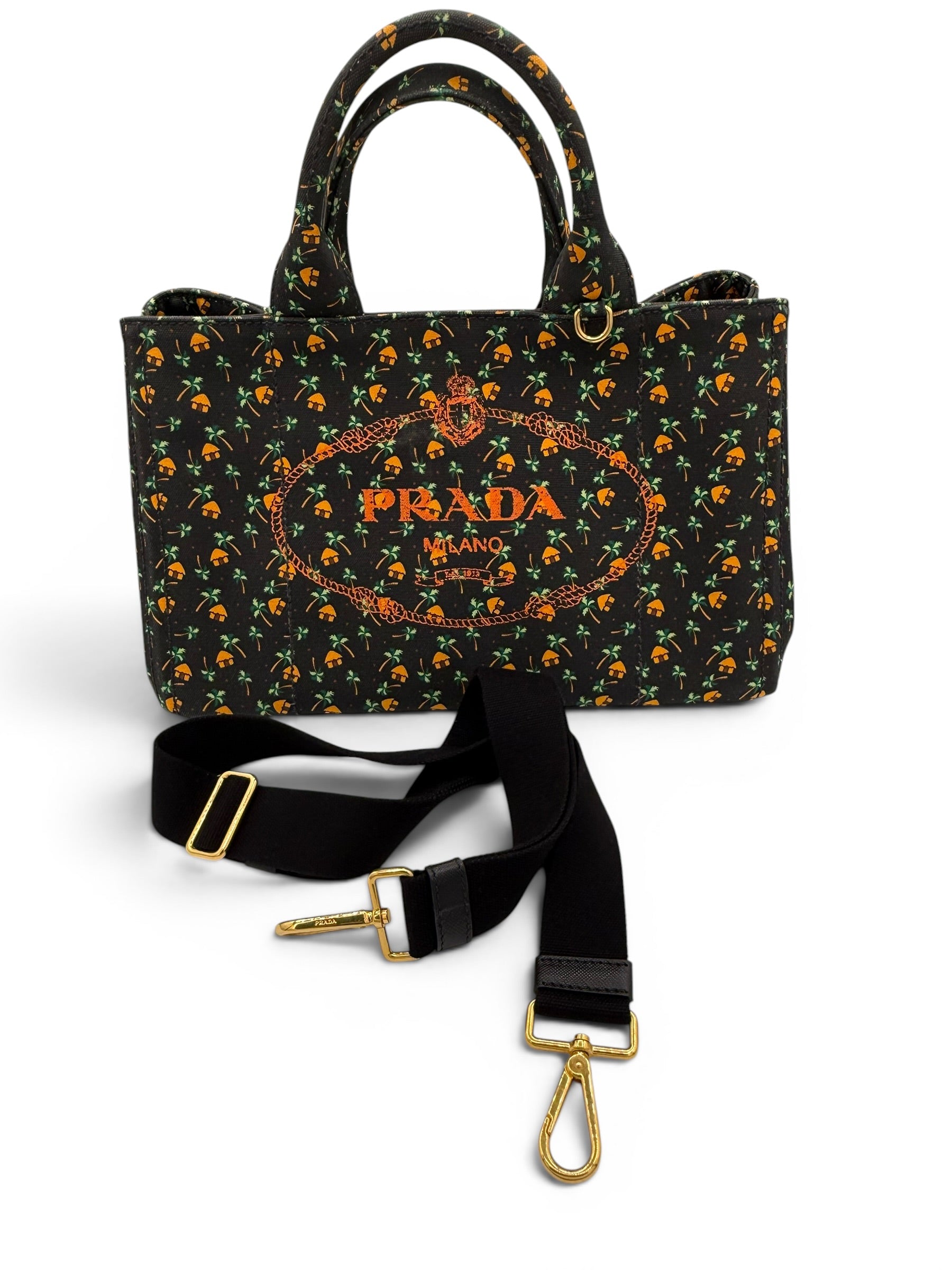 Prada Canapa Palm Tree Print Canvas Tote w/Strap