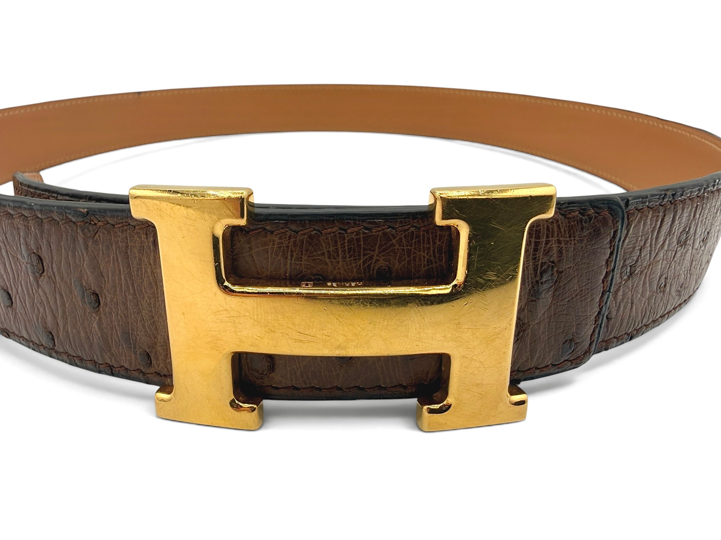 Hermès Vintage Constance H Buckle Brown Ostrich Leather Belt Size 90