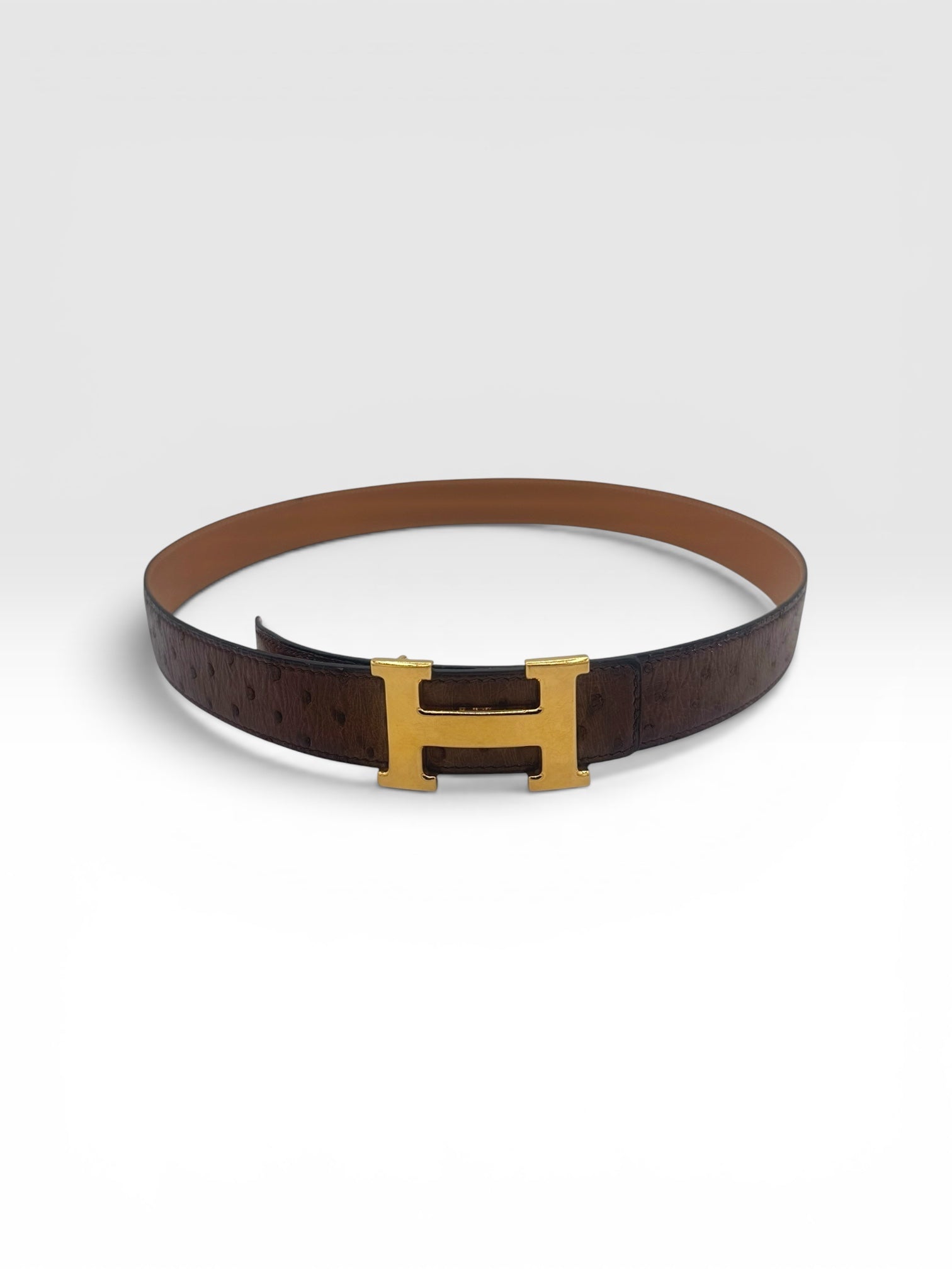 Hermès Vintage Constance H Buckle Brown Ostrich Leather Belt Size 90