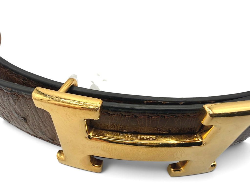 Hermès Vintage Constance H Buckle Brown Ostrich Leather Belt Size 90