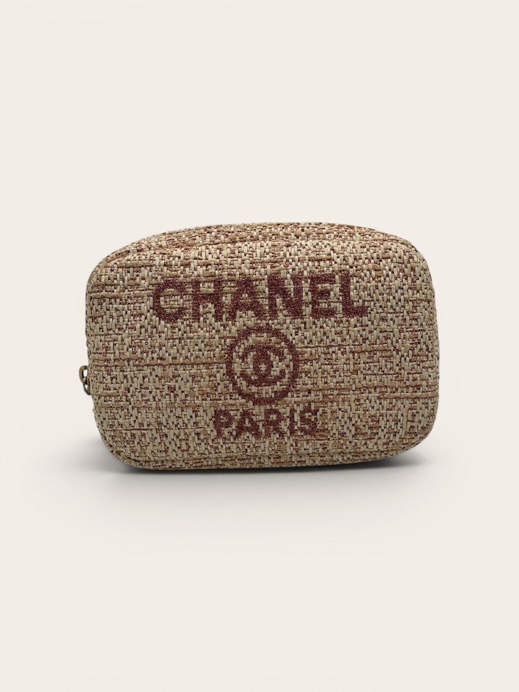 Chanel Deauville Paris Pink & Cream Raffia Tweed Cosmetic Vanity Pouch Gold Hardware