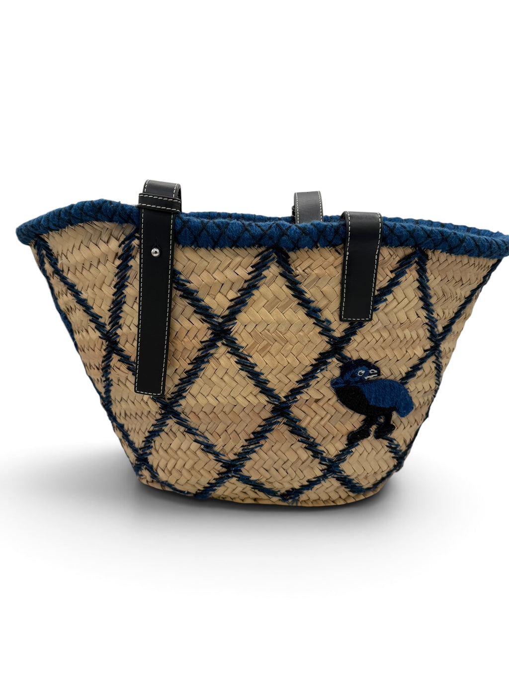 Loewe Paula's Ibiza Embroidered Anagram Basket Tote Natural, Black and Blue Raffia