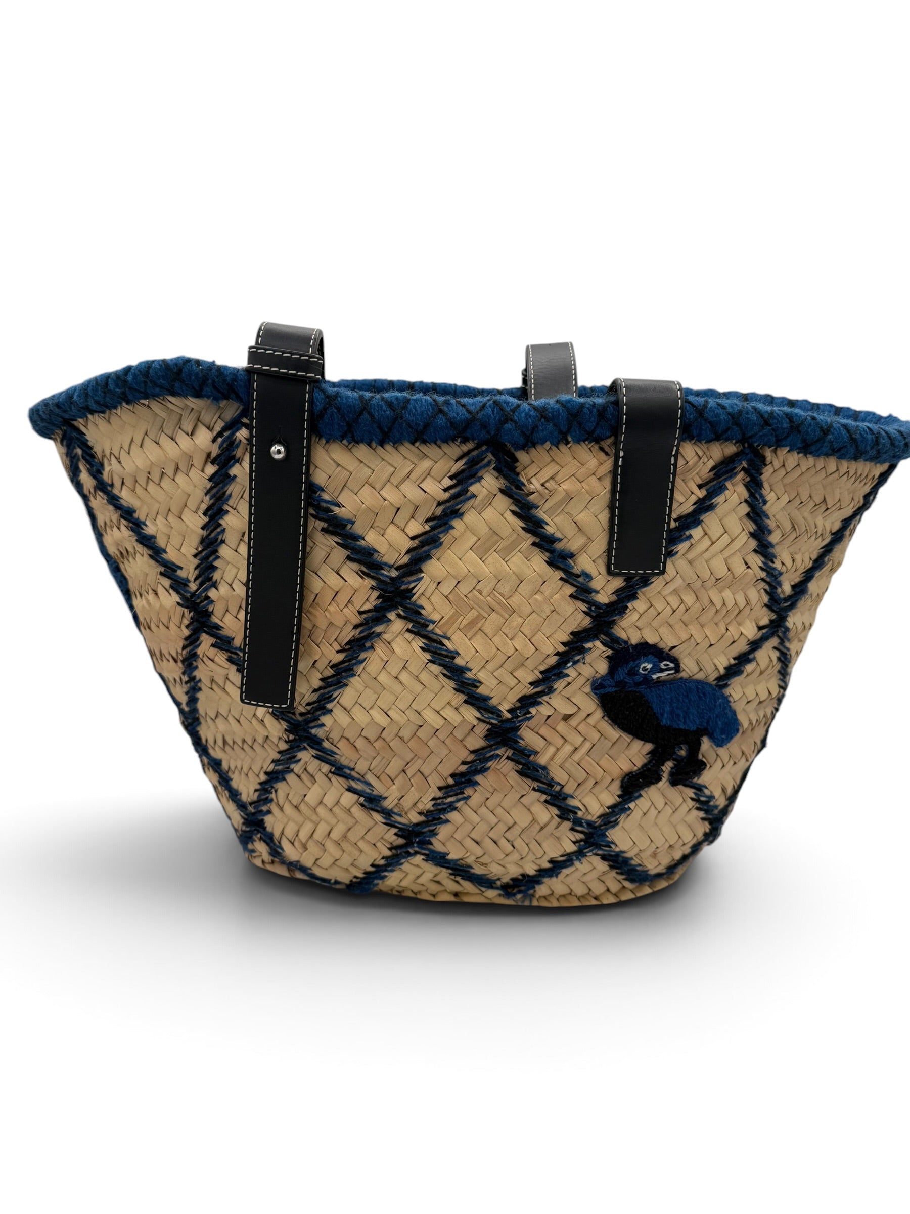 Loewe Paula's Ibiza Embroidered Anagram Basket Tote Natural, Black and Blue Raffia