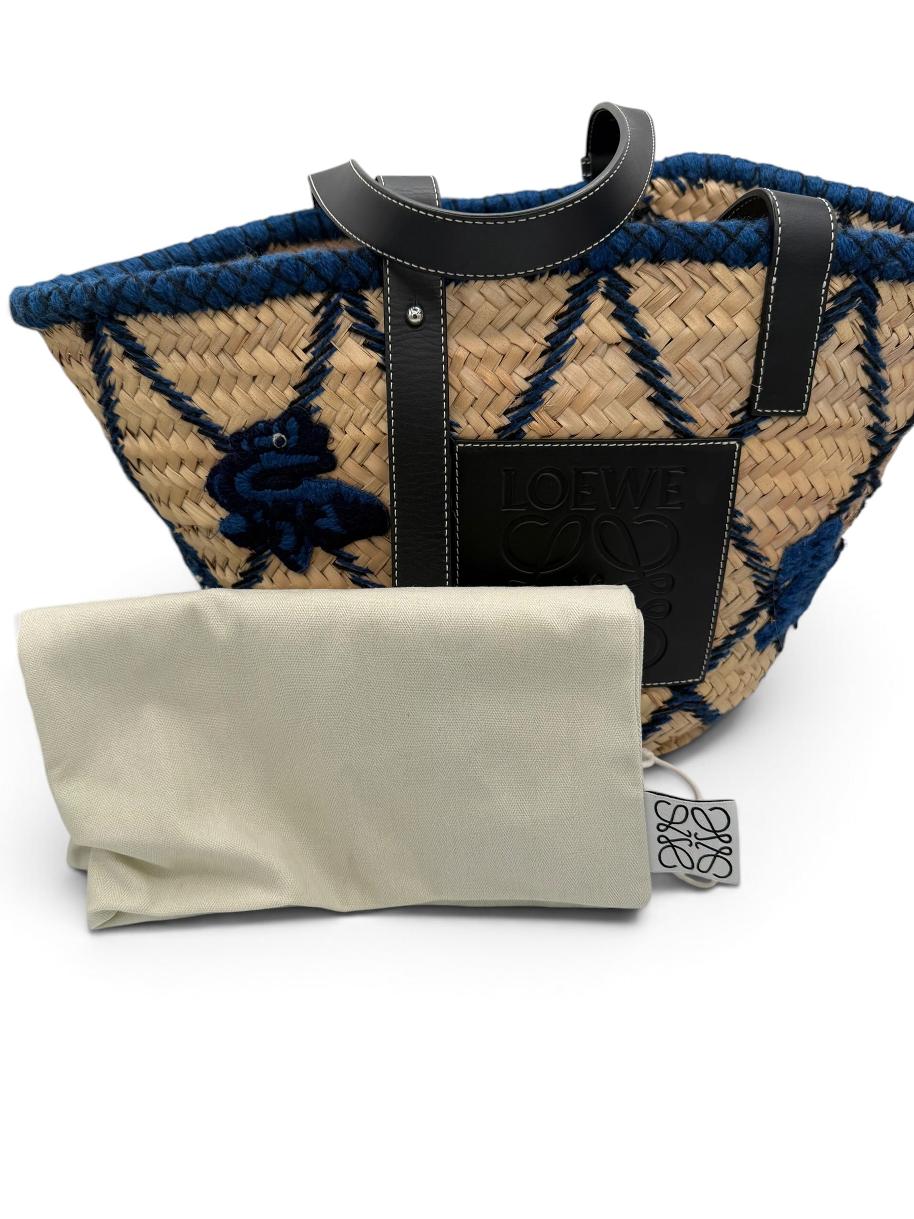 Loewe Paula's Ibiza Embroidered Anagram Basket Tote Natural, Black and Blue Raffia