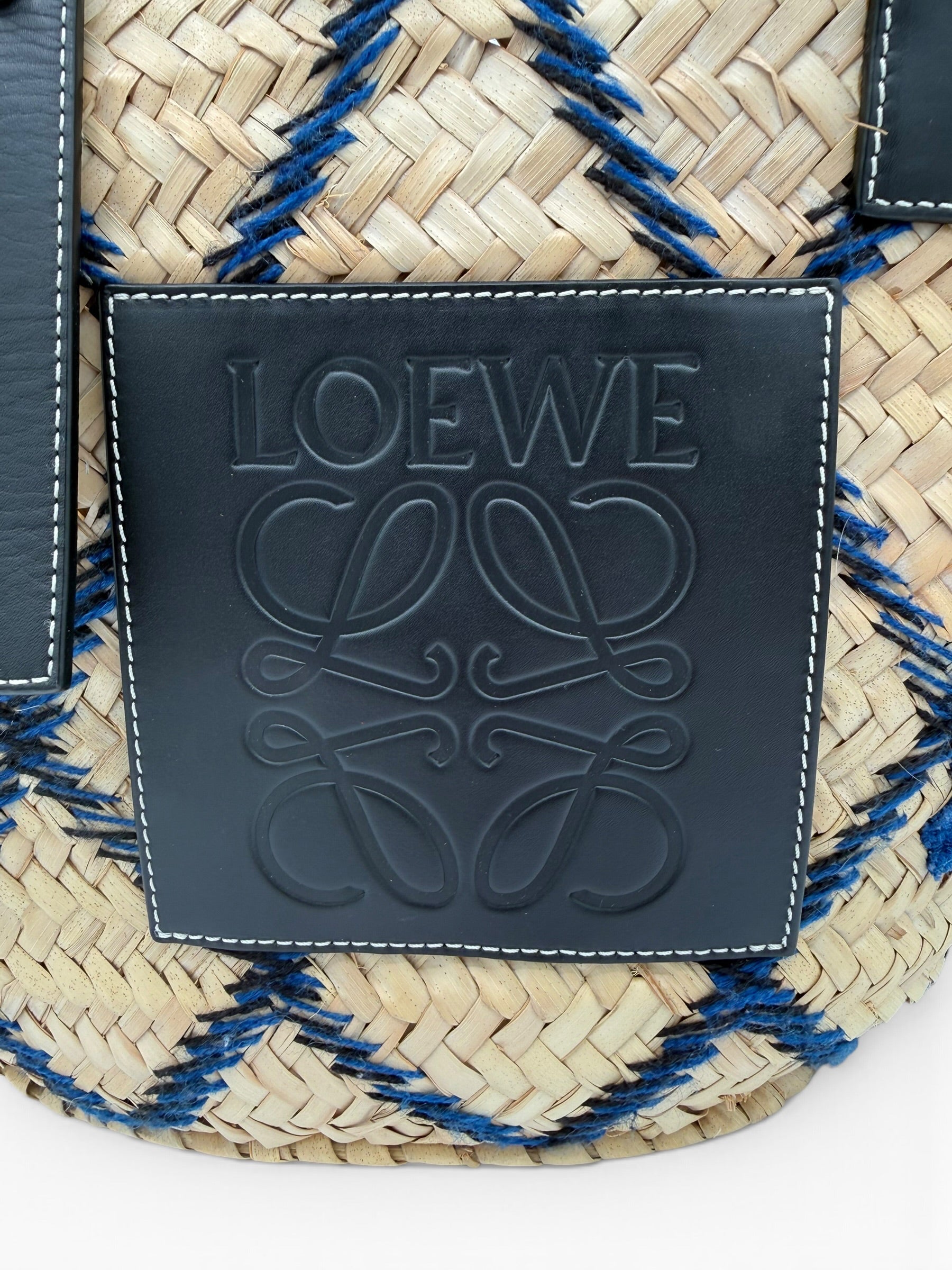Loewe Paula's Ibiza Embroidered Anagram Basket Tote Natural, Black and Blue Raffia