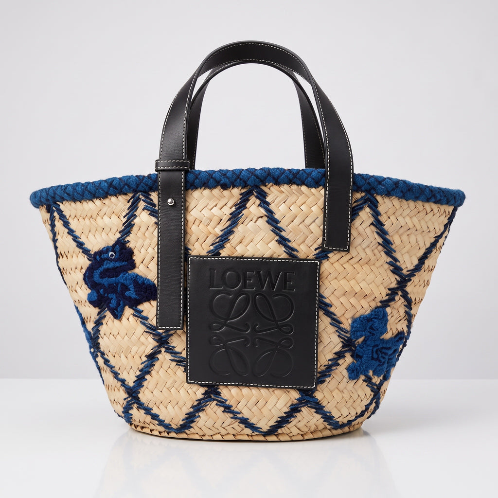 Loewe Paula's Ibiza Embroidered Anagram Basket Tote Natural, Black and Blue Raffia