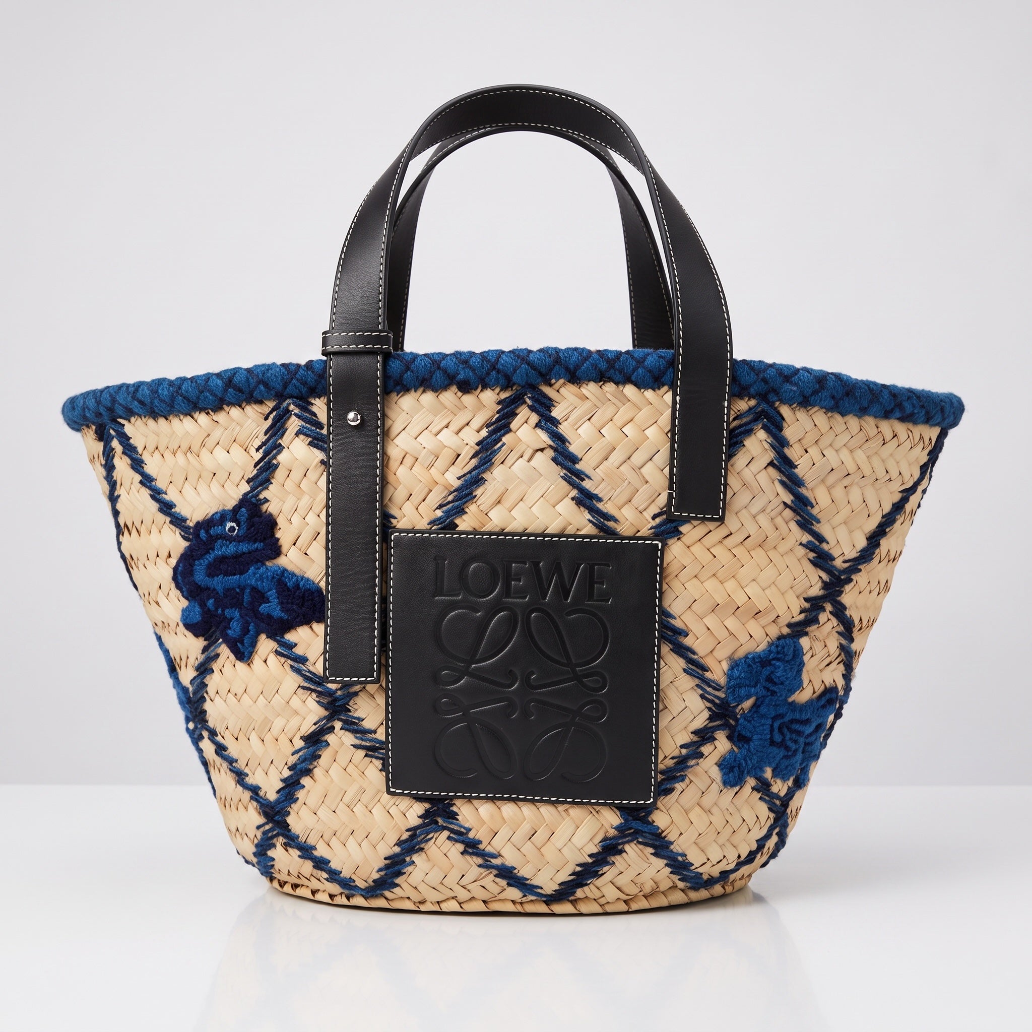 Loewe Paula's Ibiza Embroidered Anagram Basket Tote Natural, Black and Blue Raffia