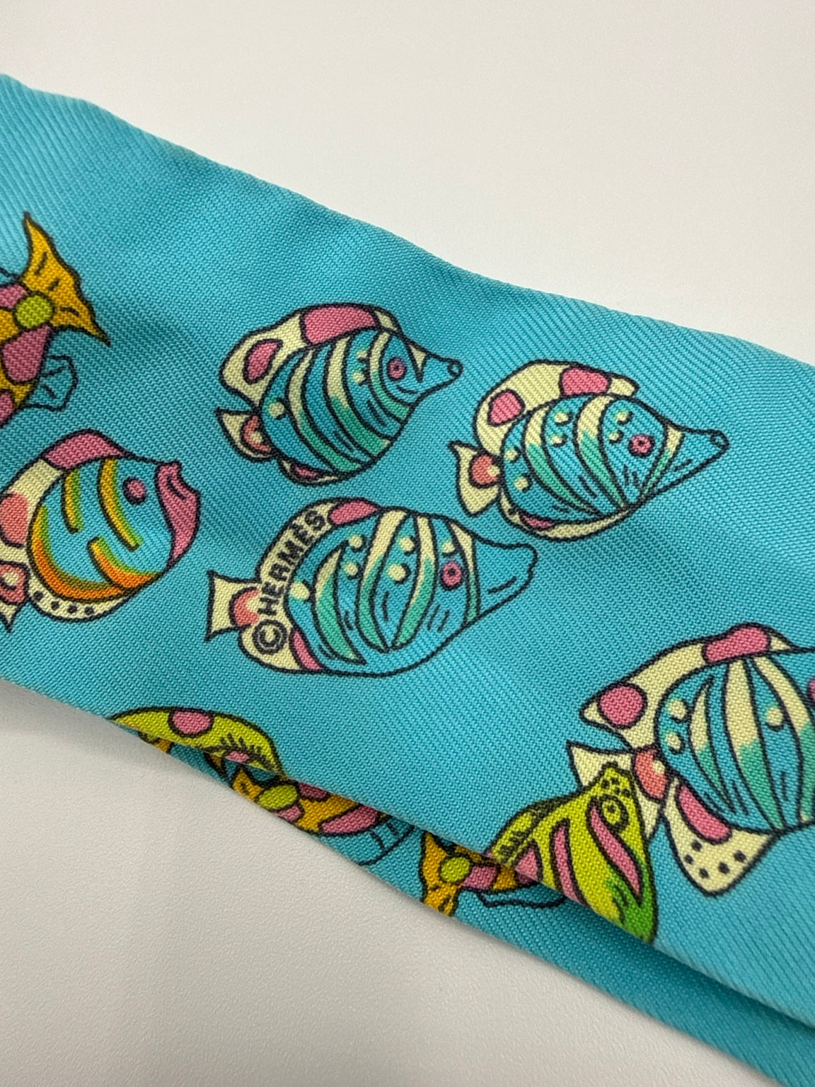 Hermés Twilly Silk Scarf Blue Tropical Fish 33"