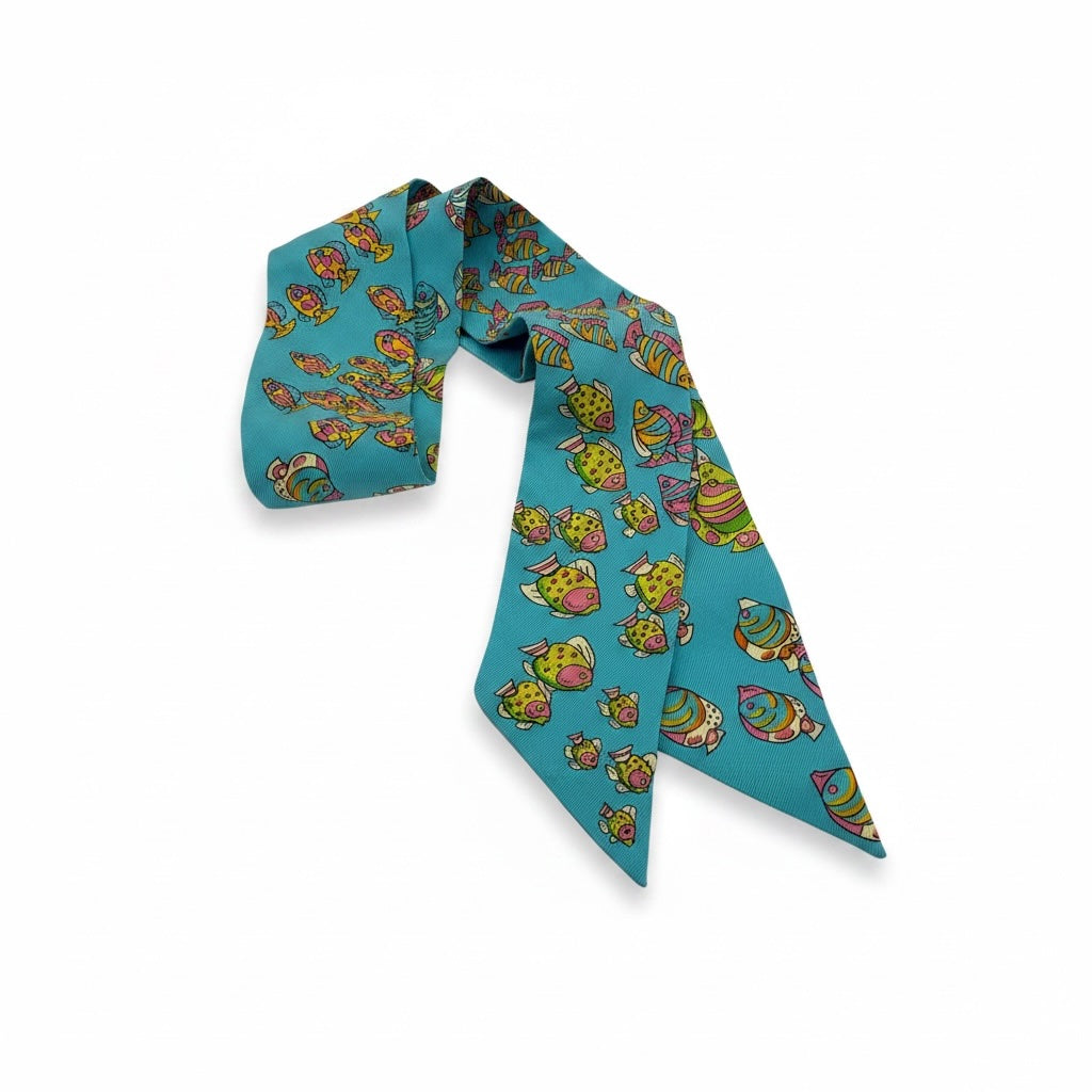 Hermés Twilly Silk Scarf Blue Tropical Fish 33"