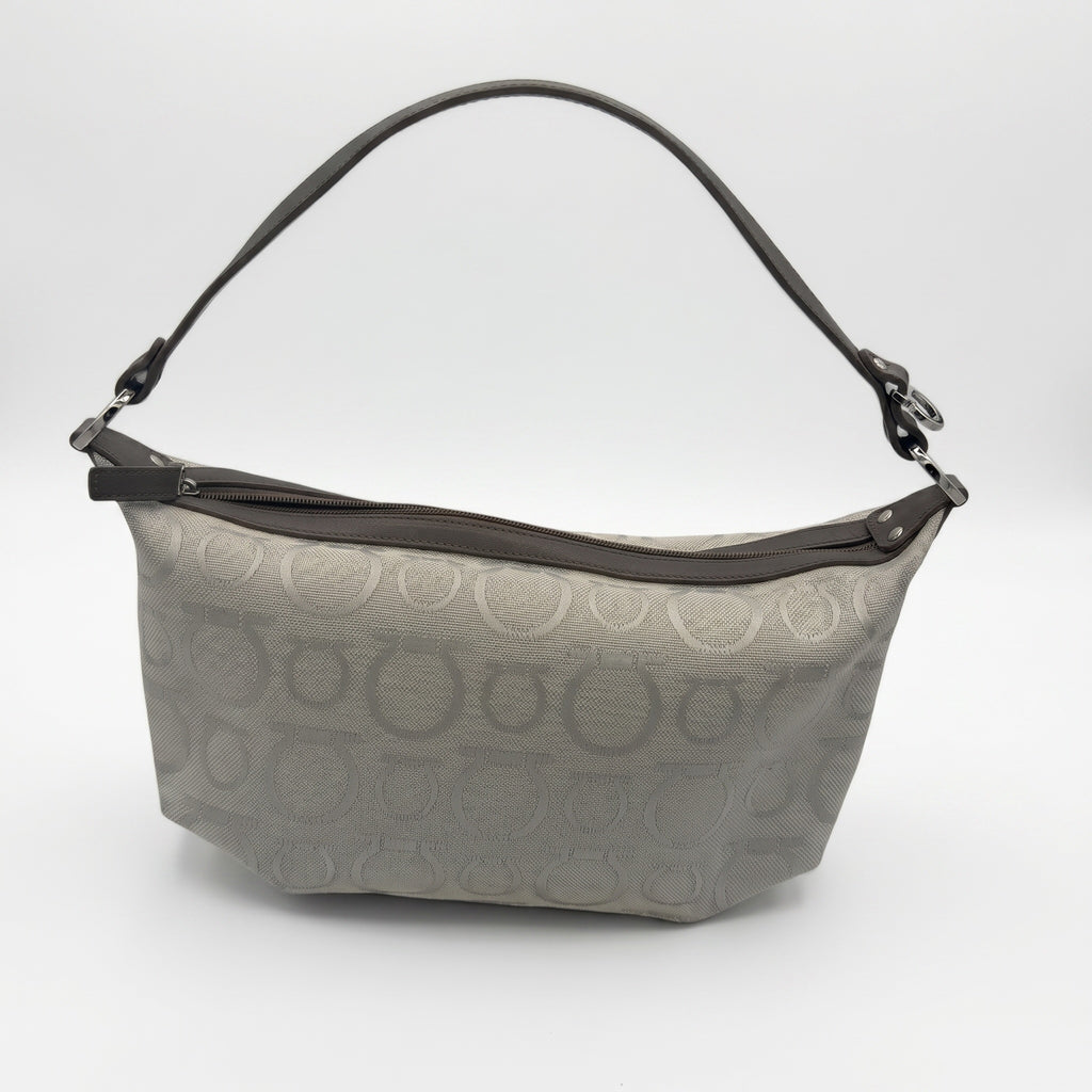 Salvatore Ferragamo Gancini Canvas Shoulder Bag – Grey & Brown Jacquard