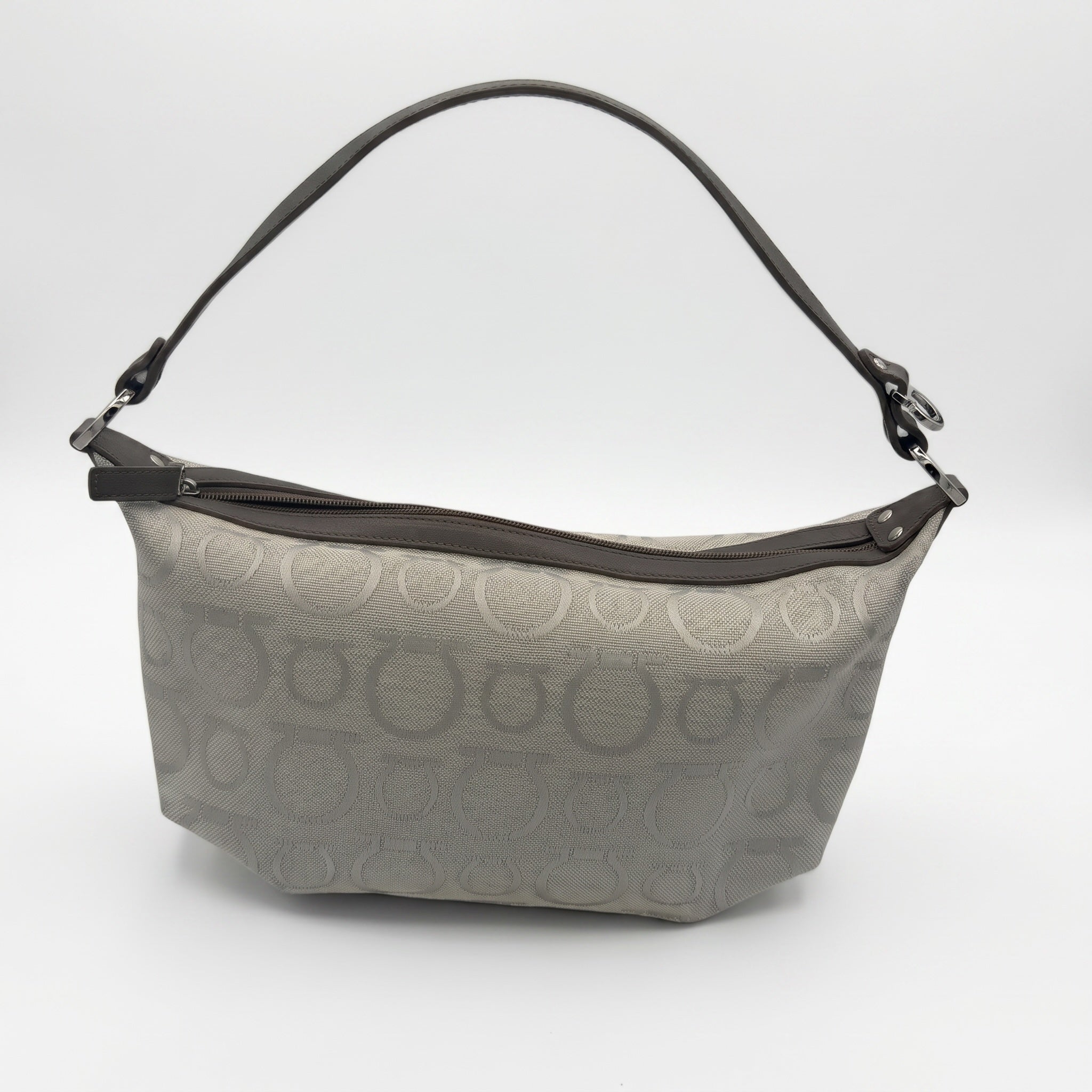 Salvatore Ferragamo Gancini Canvas Shoulder Bag – Grey & Brown Jacquard