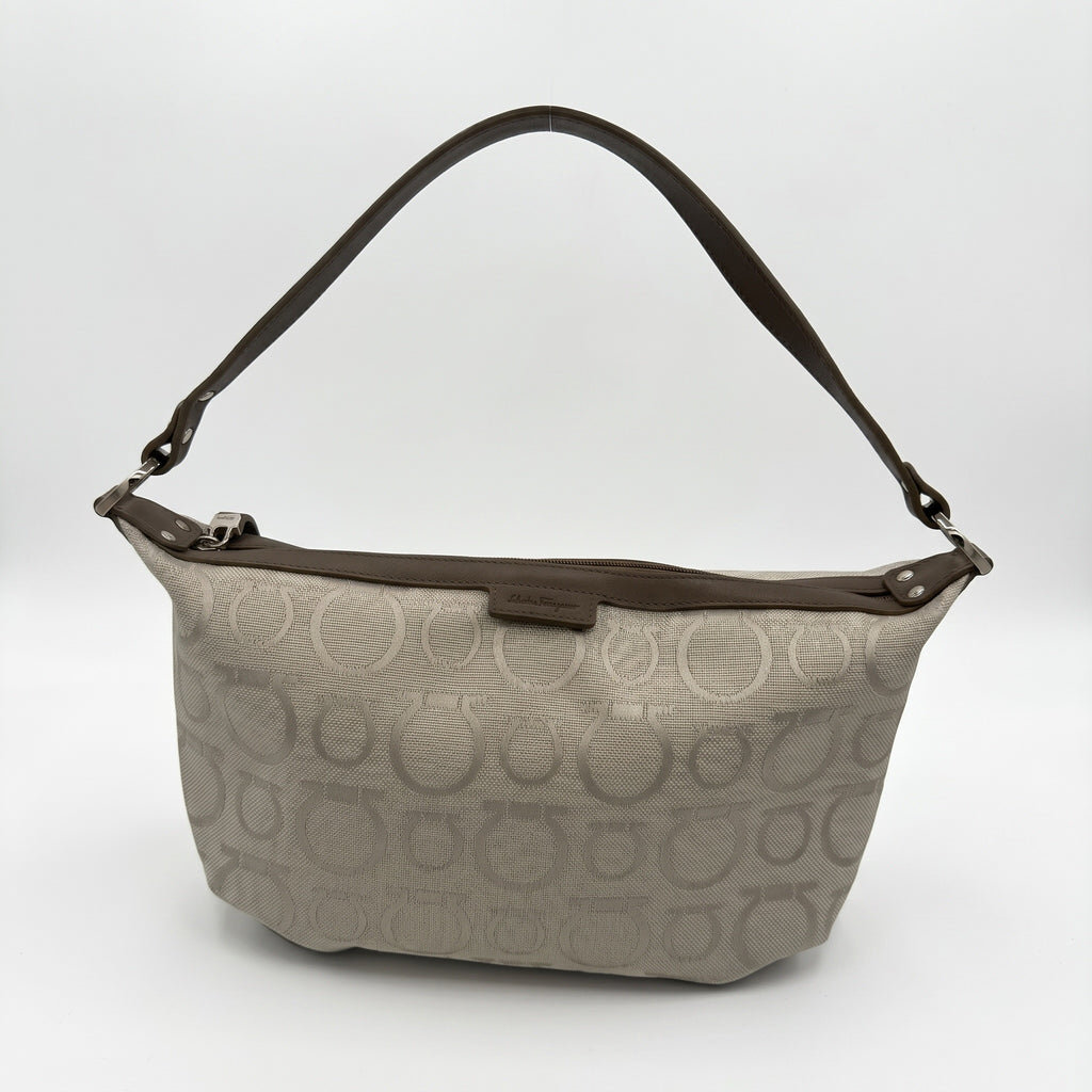 Salvatore Ferragamo Gancini Canvas Shoulder Bag – Grey & Brown Jacquard